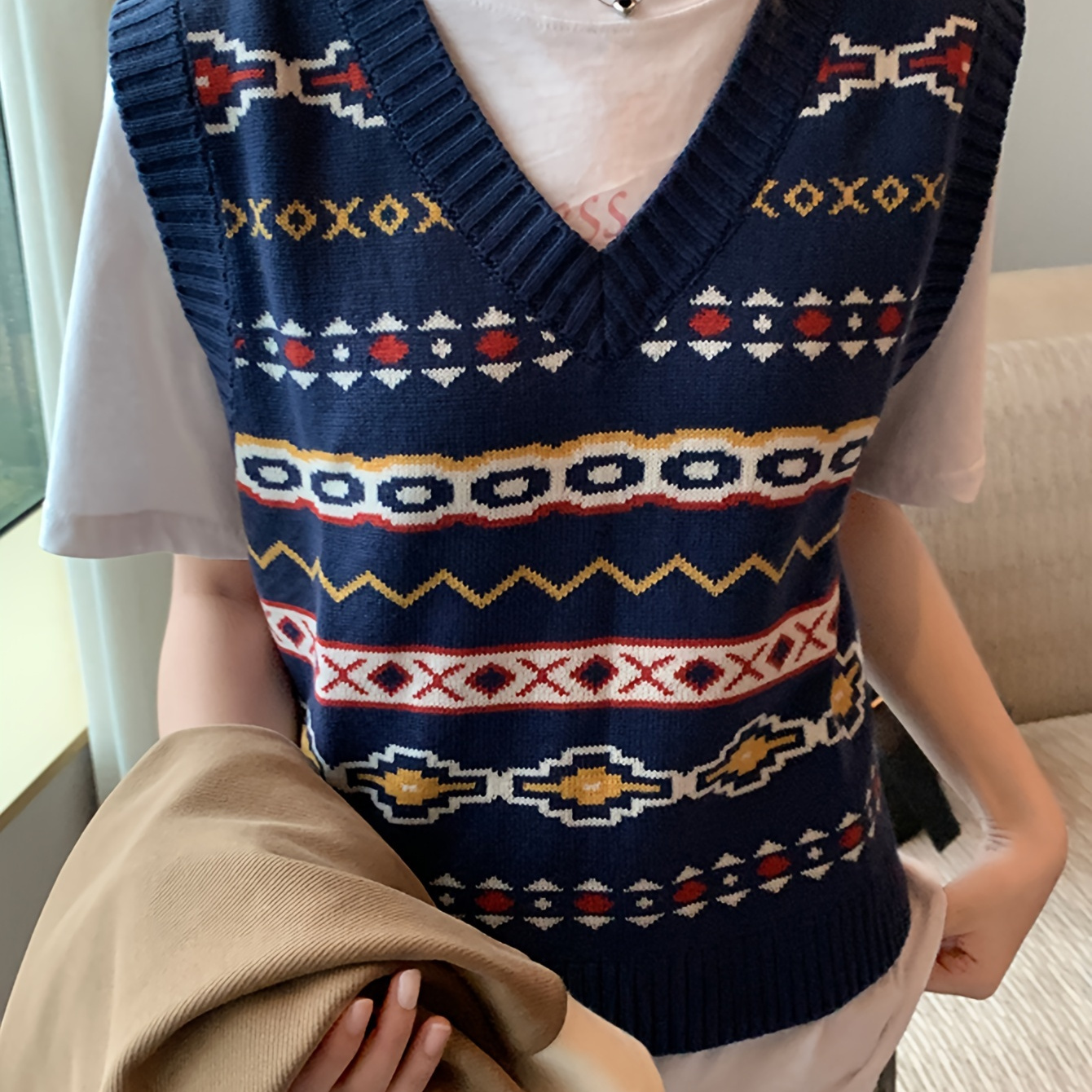 Geo Pattern V Neck Knitted Vest Vintage Sleeveless Sweater - Temu