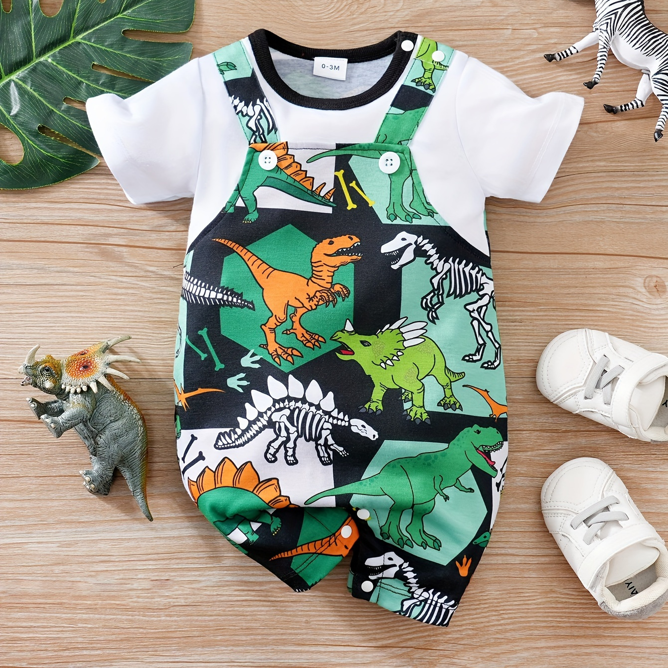 

Infant's Trendy Faux Two-piece Dinosaur Print Bodysuit, Casual Short Sleeve Romper, Baby Boy's Clothing