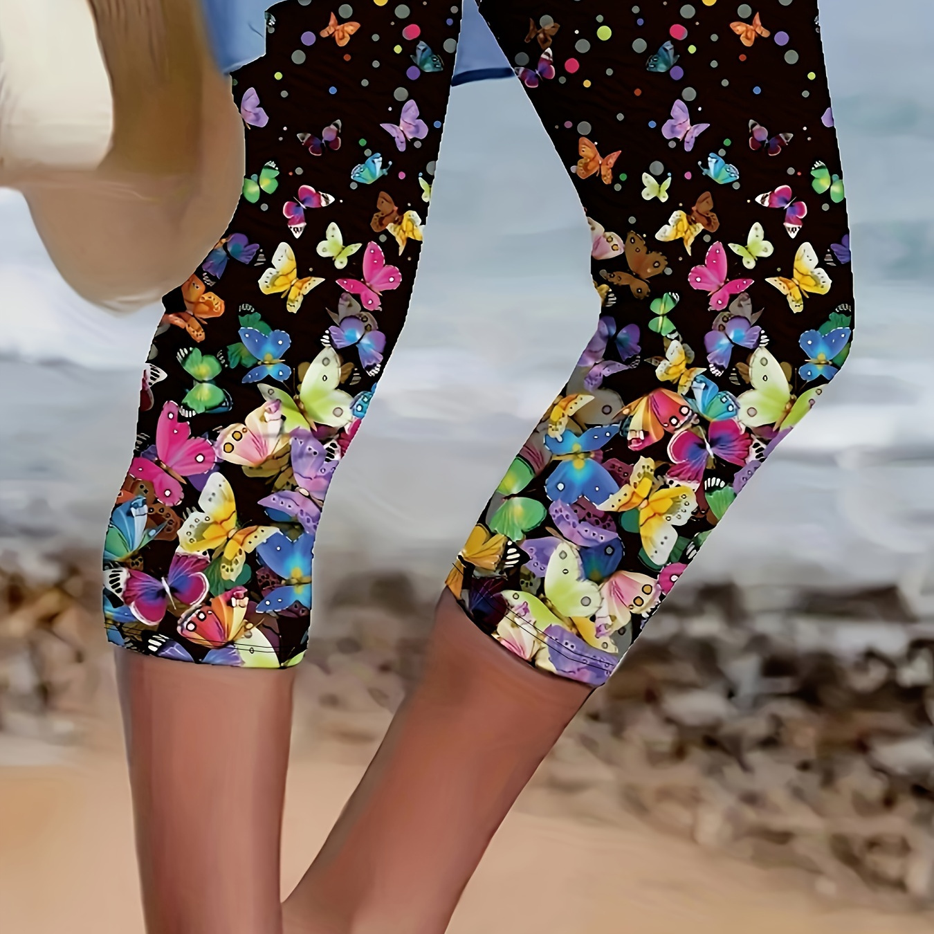 

Plus Size Colorful Butterfly Print Capri Leggings, Casual Elastic Waist Leggings For Spring & Summer, Women's Plus Size Clothing