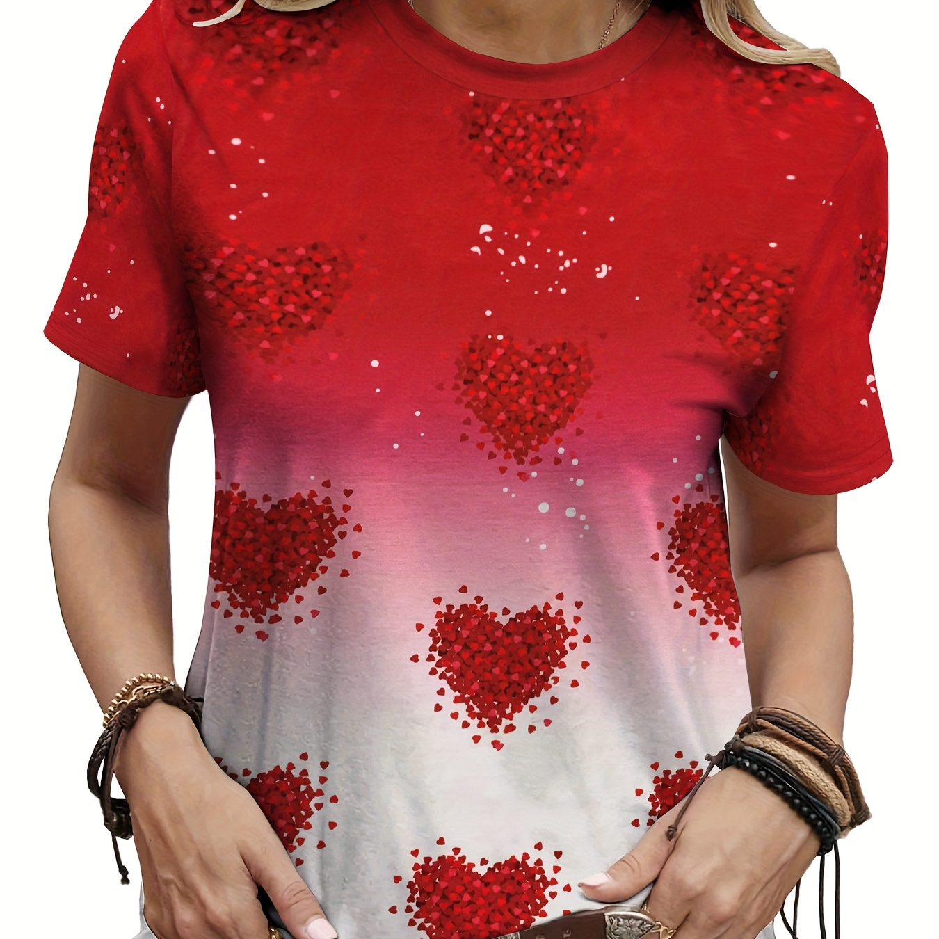 

1pc Women's Casual Crew Neck T-shirt With 3d Heart Print, Design, Polyester And Spandex , Medium Stretch, Regular Fit, All Season Knit Fabric Top For Valentine's Day And Holidays