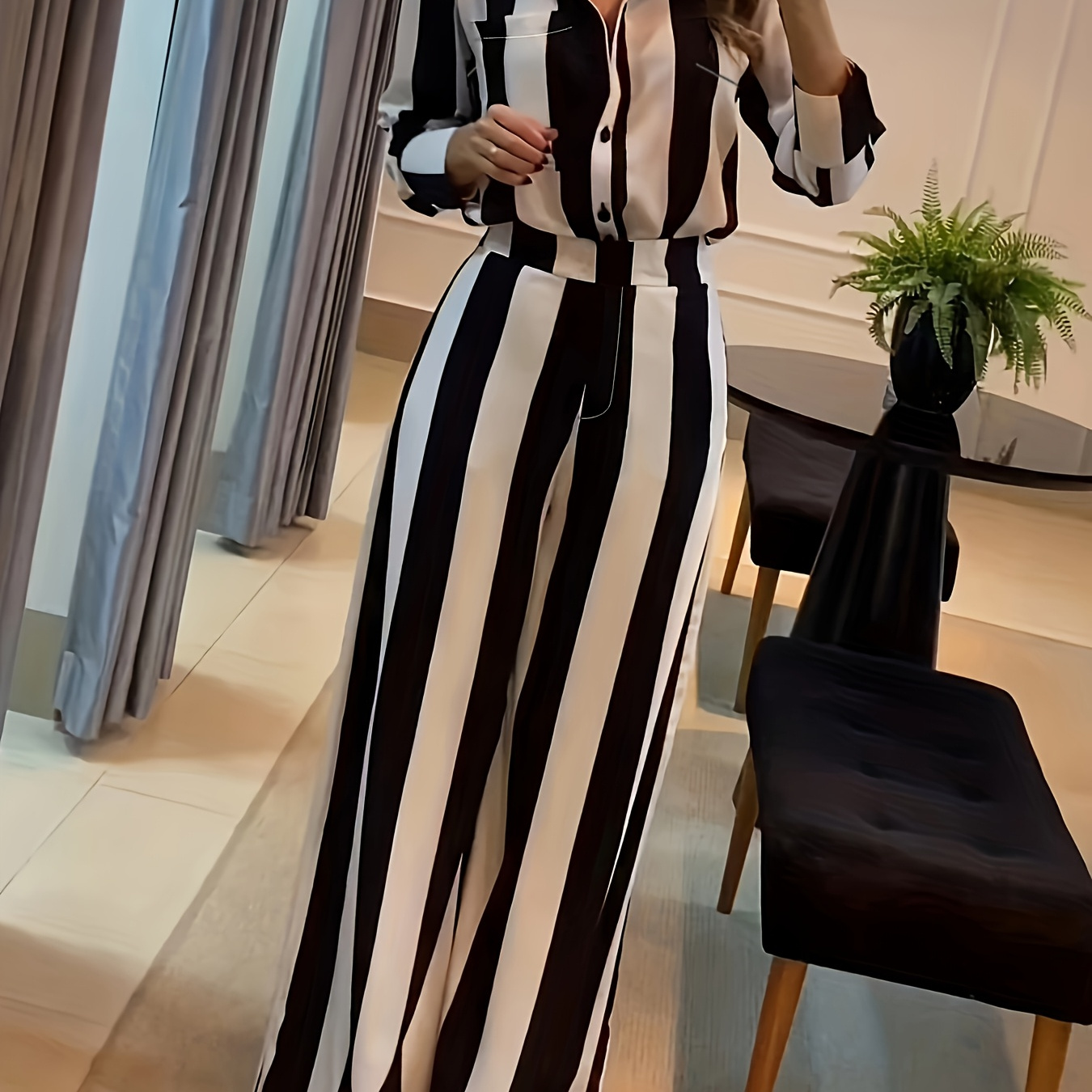 

1set Elegant Striped Polyester 100% Long Sleeve Shirt And Wide Leg Pants Set, Square Neck, Regular Fit, Woven, Button Detail, H-contour, Spring/summer Collection