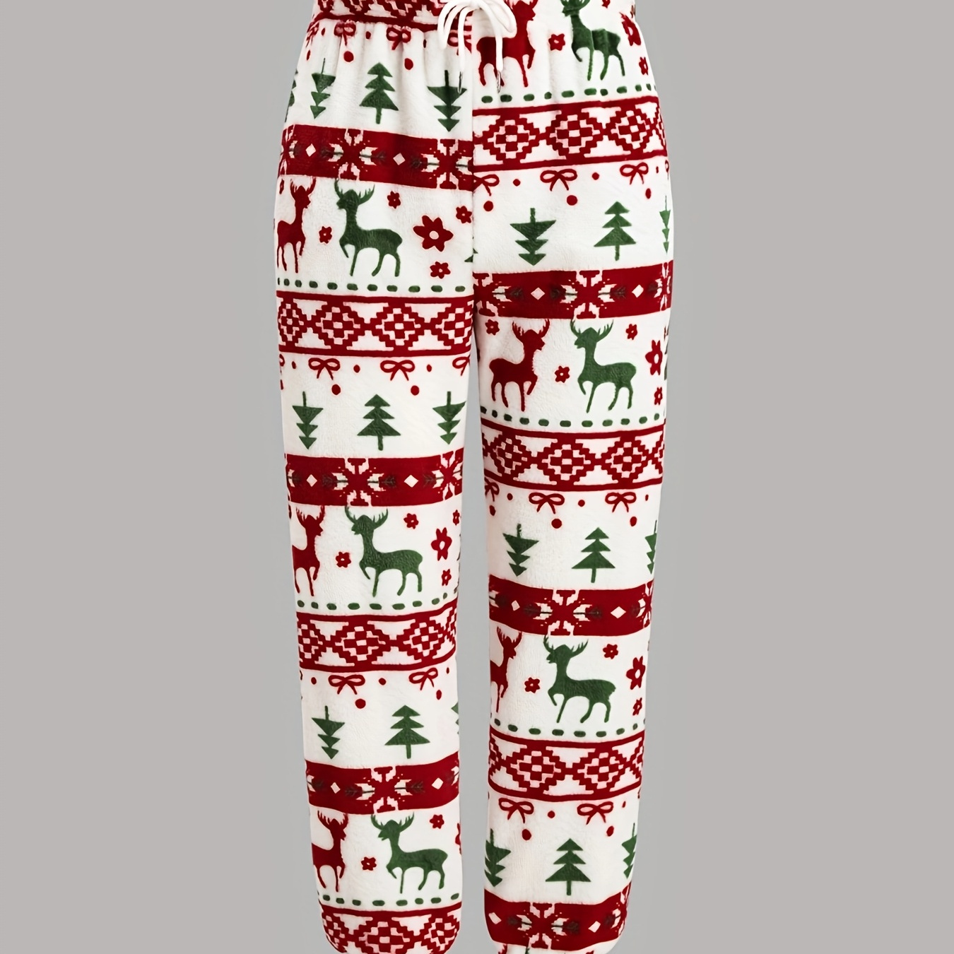 

1pc Men's Christmas Flannel Pants, Reindeer & Tree Pattern, Casual Warm Loose-fit Trousers With Pockets, 95% Polyester 5% Elastane, Slight Stretch Knit Fabric, Regular Length For Daily & Party Wear