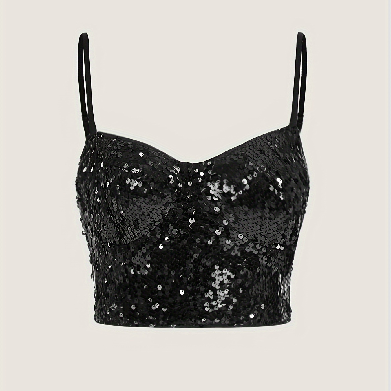 

Elegant Black Sequin Cami Top With Glittery Detail - V-neck, Spaghetti Straps, Polyester, Hand Washable - Summer & Vacation