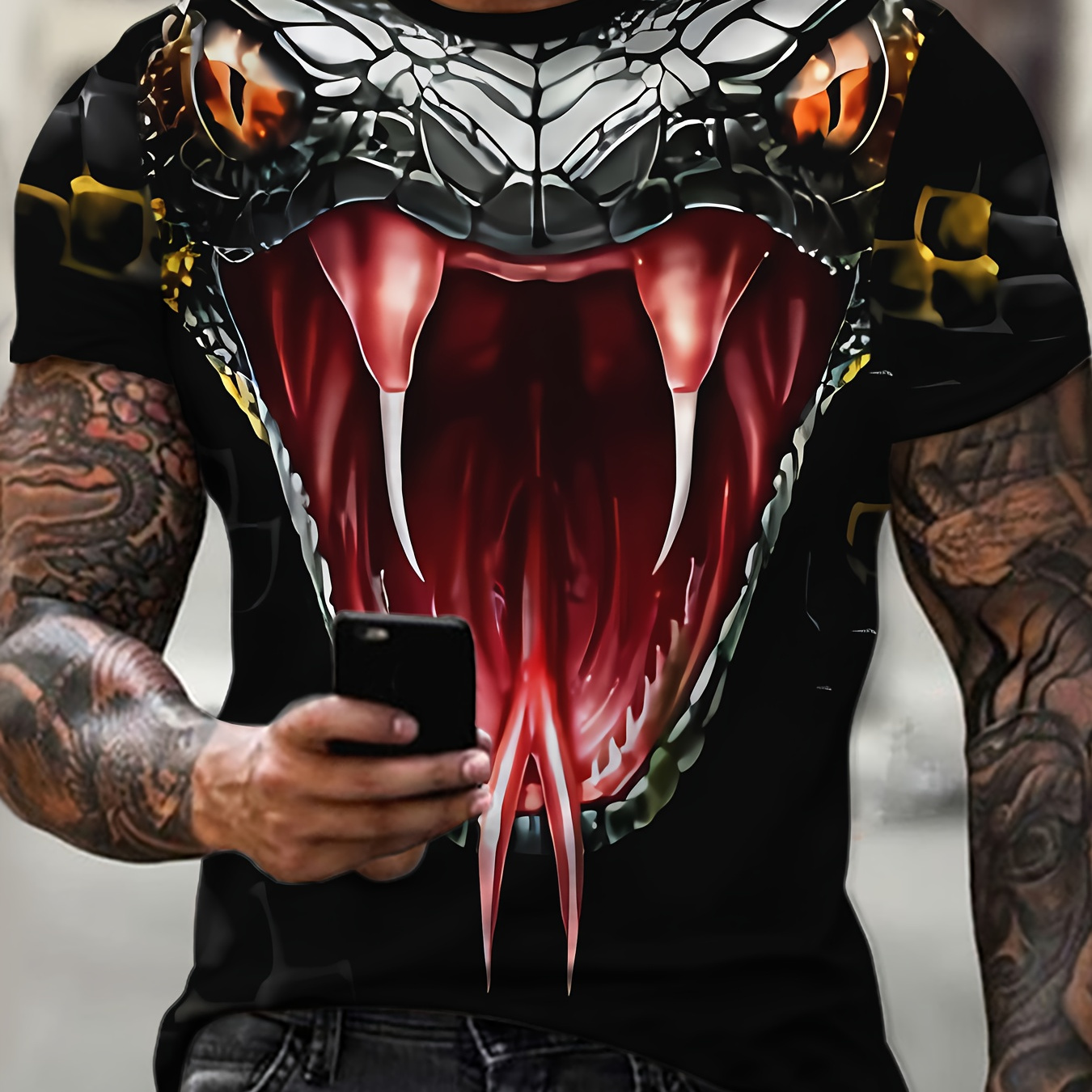 

3d Snake Head Pattern Print Men's Crew Neck Short Sleeve T-shirt, Casual Summer T-shirt For And Vacation Resorts