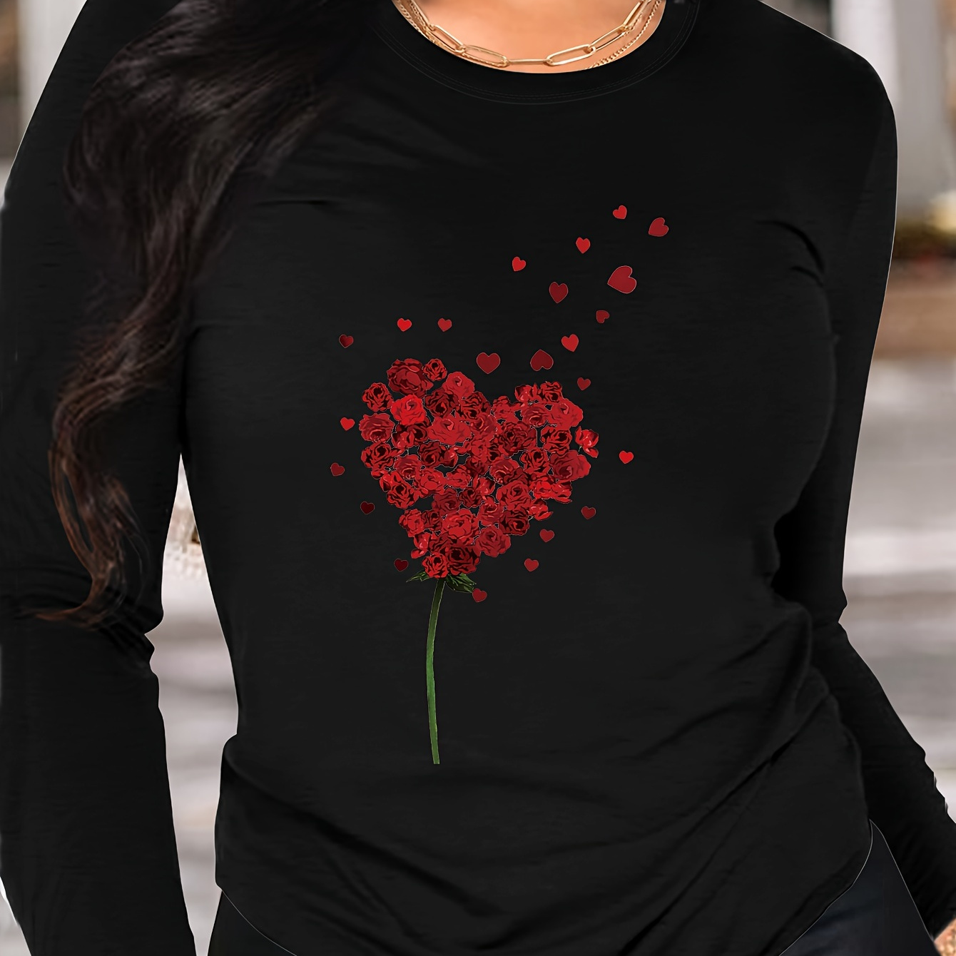 

Rose Print T-shirt, Long Sleeve Crew Neck Casual Top For Spring & Fall, Women's Clothing