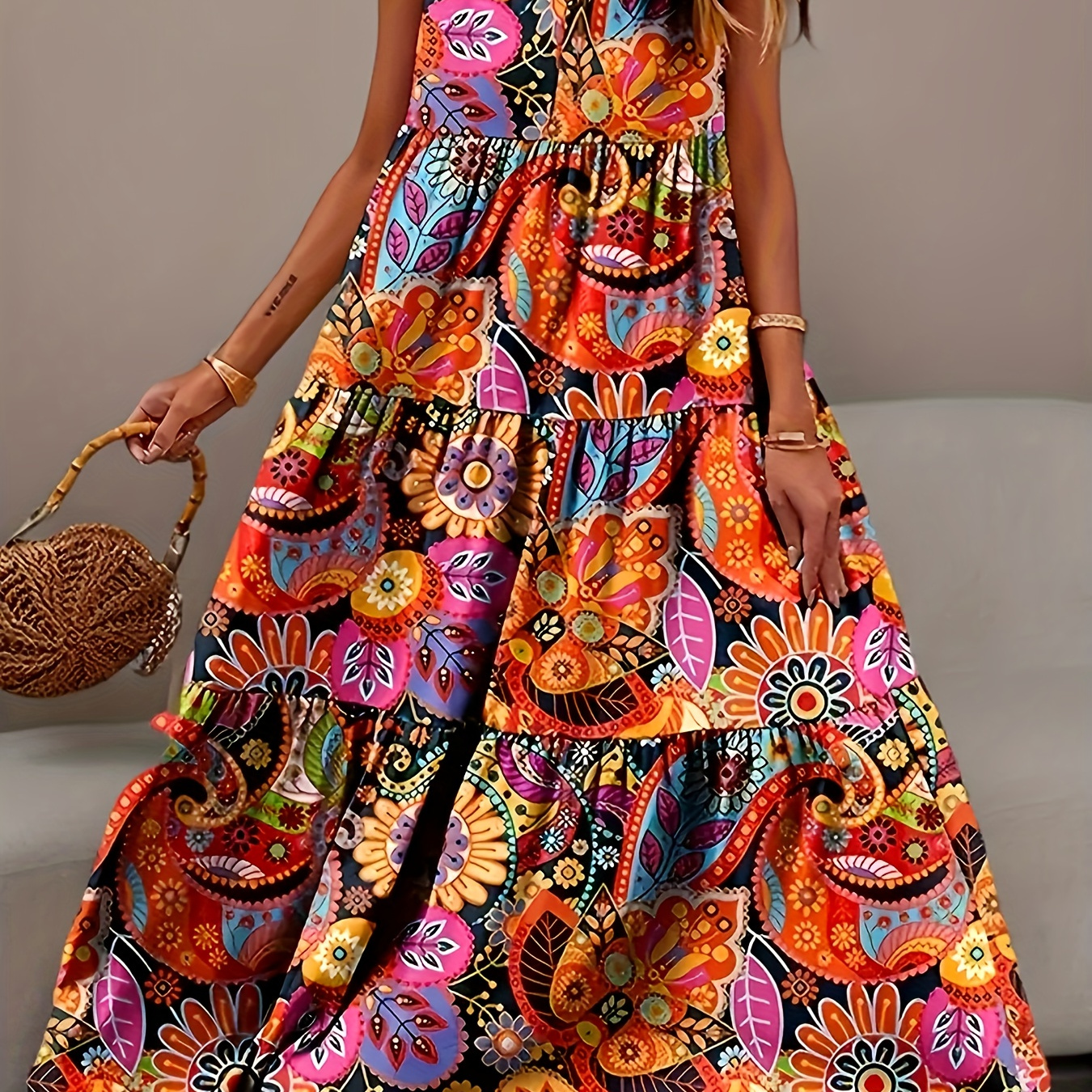 

Fashionable Paisley Print Sleeveless V-neck Doll Dress, Vacation Style Dress