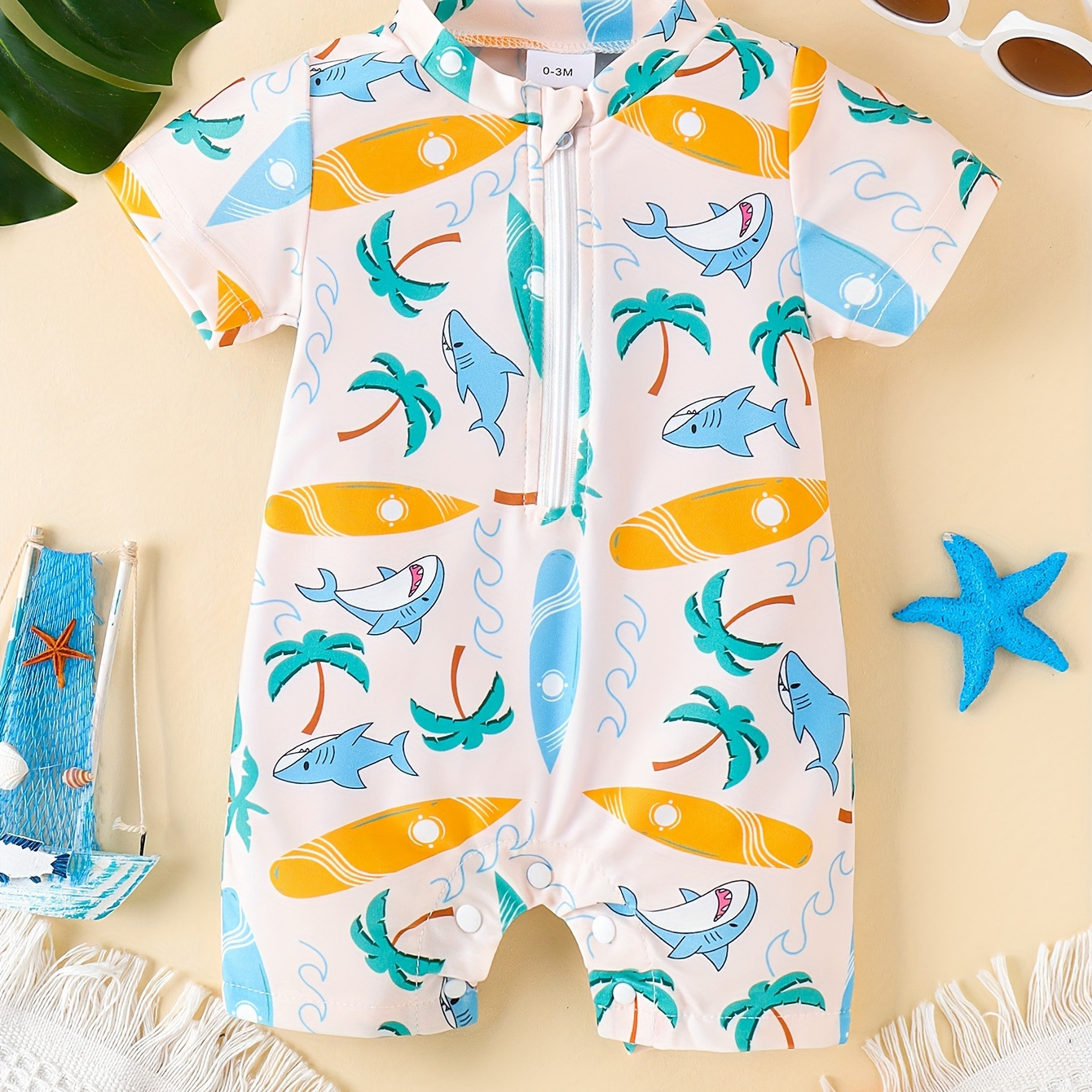 

Infant Boy's Cute Shark Pattern Zippered Short Sleeve Swimsuit, Summer Beachwear