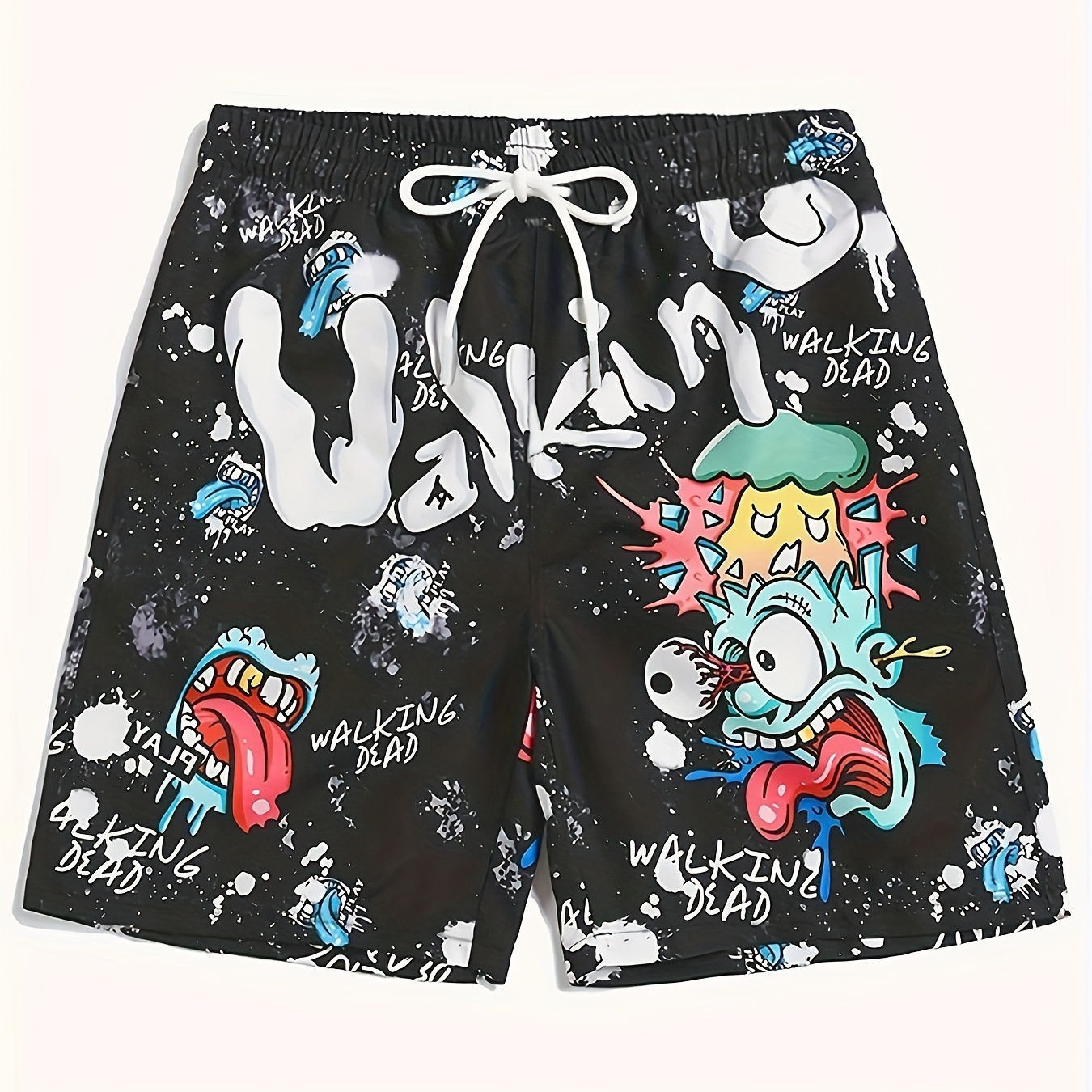 

Men's Cartoon Style Zombie Pattern And Letter Print Board Shorts, Chic And Stylish Shorts With Drawstring And Pockets, Versatile For Summer Leisurewear And Beach Holiday