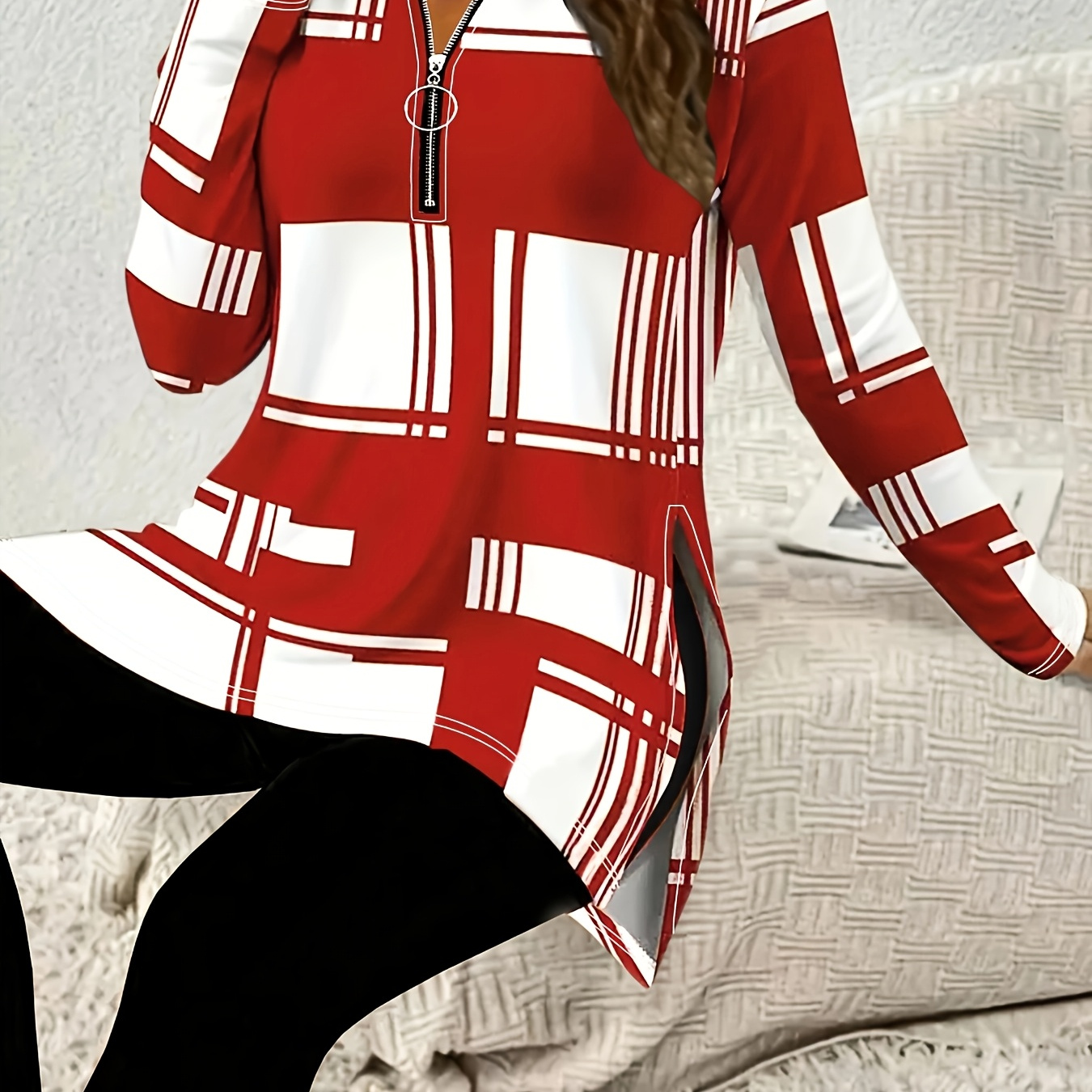 

1pc Women's Fall/ Striped Patchwork Neck Zippered Front Split Hem Long Sleeve T-shirt, Casual Polyester Knit Fabric, 95% Polyester 5% Elastane