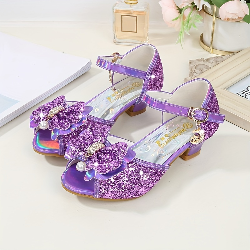 Girls Glitter Shoes High Heels Sequins Elegant Princess Dance Shoes With Bowknot Decor Party Wedding Spring And Summer