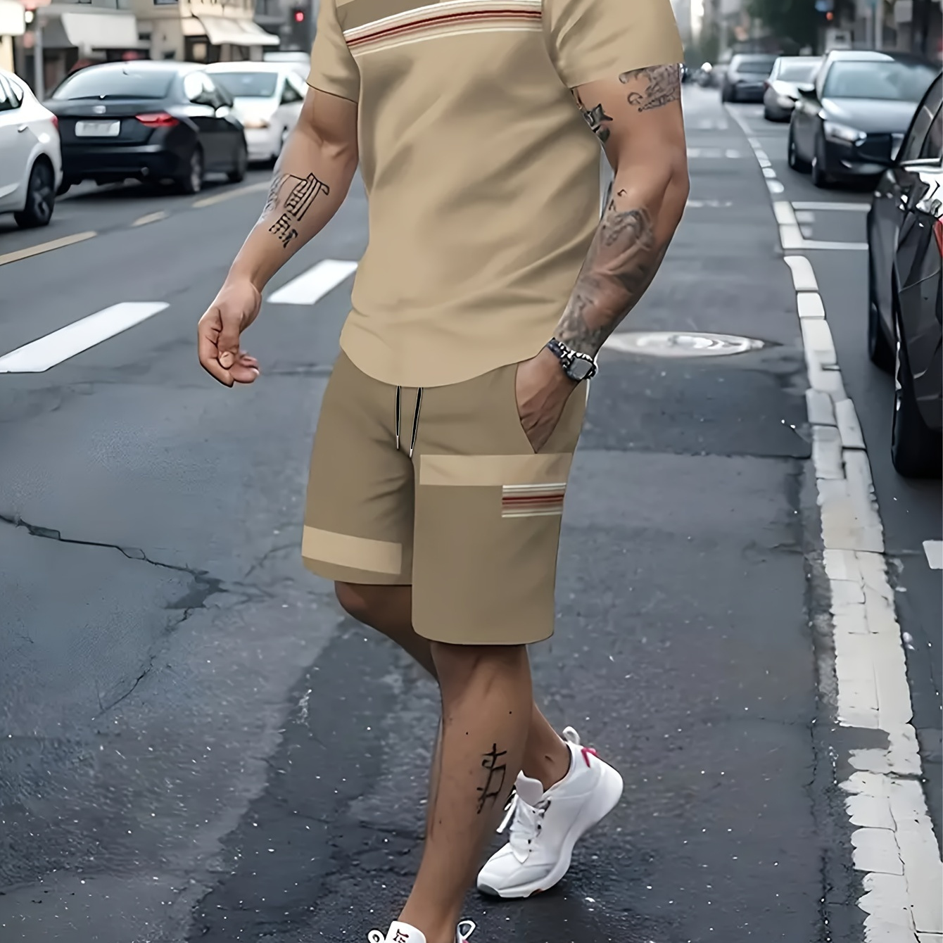 

2-piece Men's Color Blocked Summer Outfit Set, Men's Short Sleeve Crew Neck T-shirt & Waist Drawstring Shorts With Pockets For Casual Daily Wear