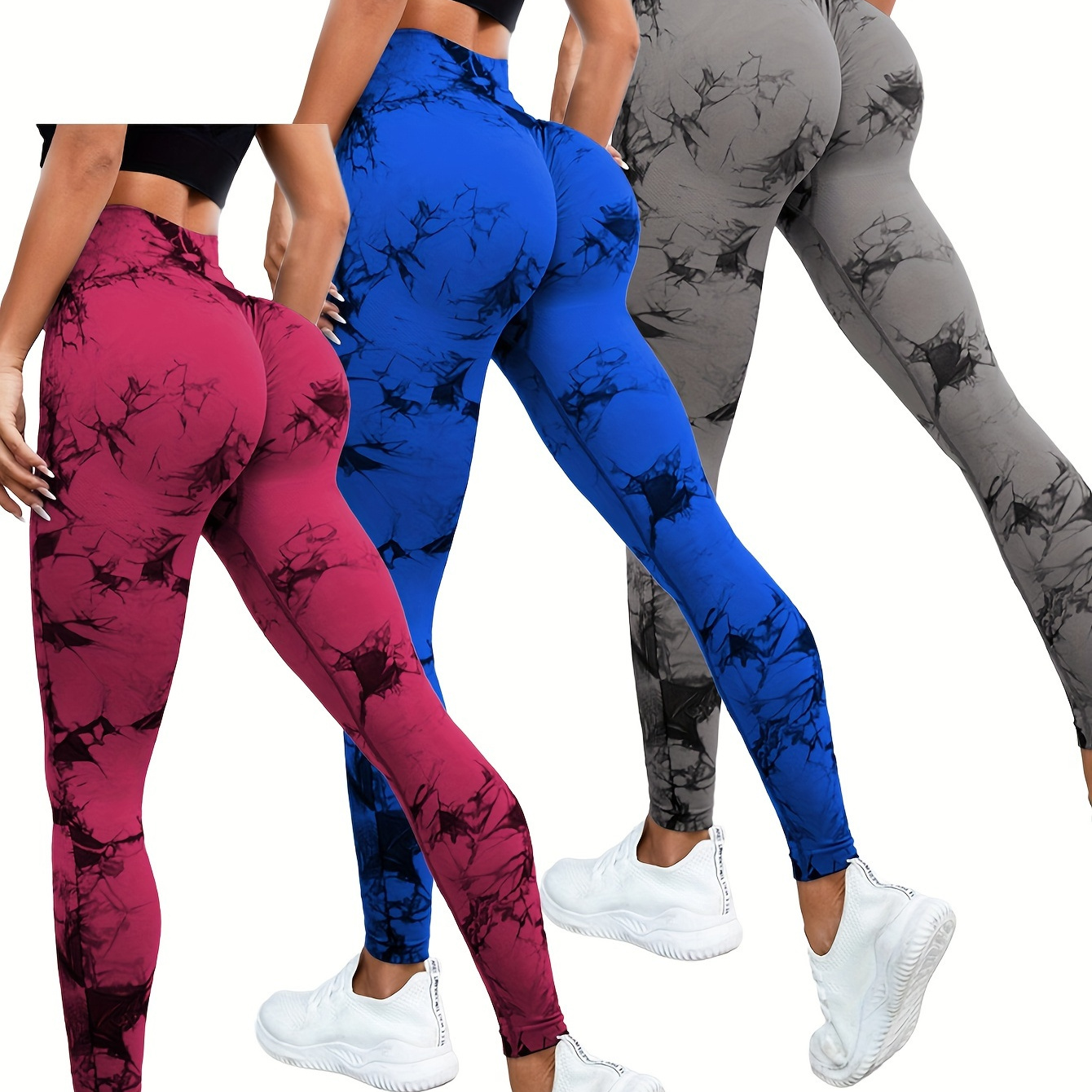 

3-pack Tie-dye Seamless Yoga Running Leggings, High-waisted Sport Long Pants For Women, Athletic Activewear Tights, Assorted Colors - For Fall & Winter