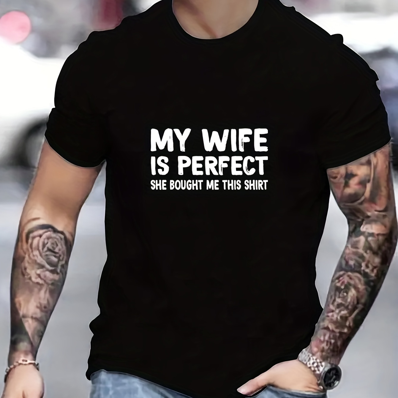 

my Wife Is Perfect" Print T-shirt, Men's Casual Street Style Stretch Round Neck Tee Shirt For Summer