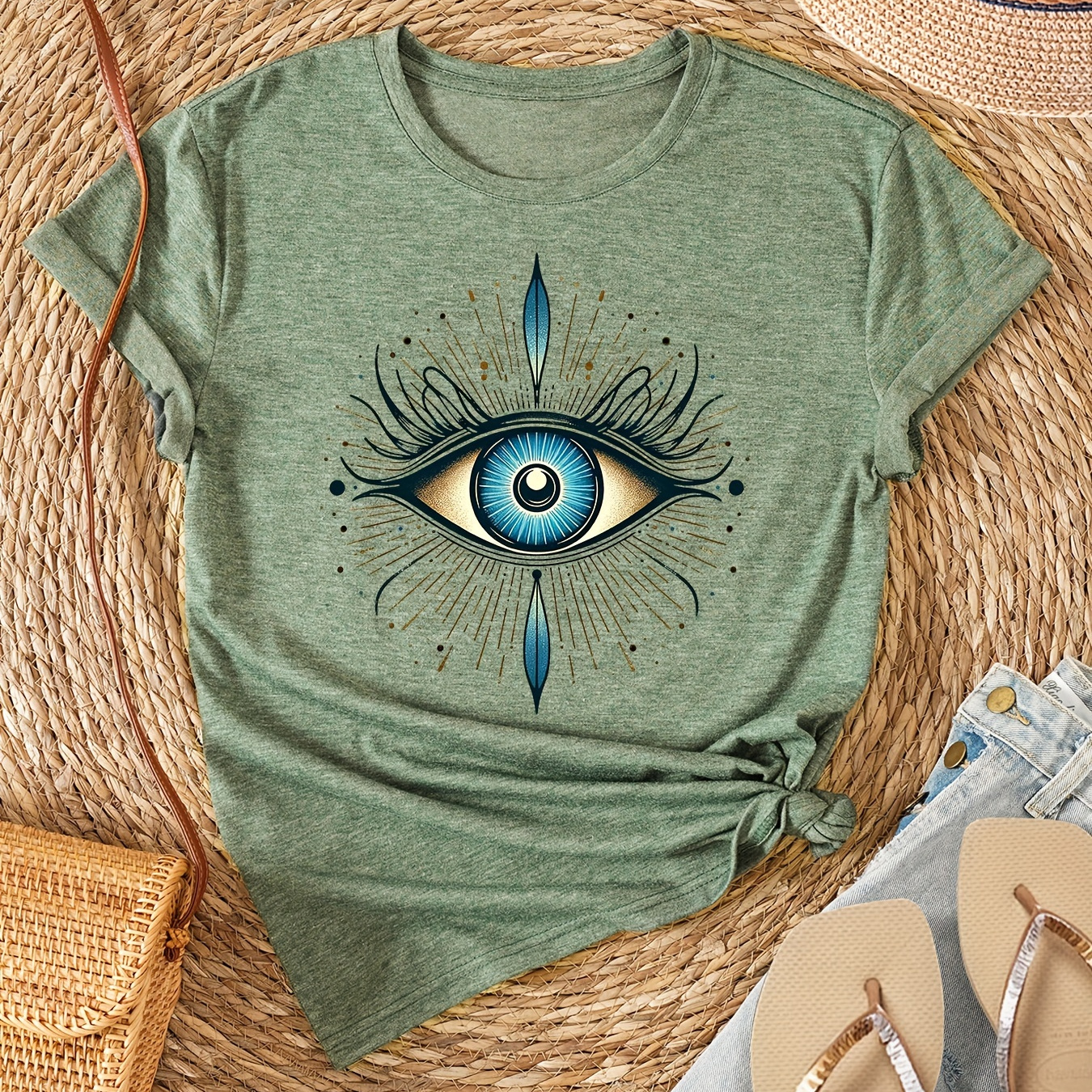 

Eye Neck T-shirt, Short Sleeve Casual Top For Summer & Spring, Women's Clothing