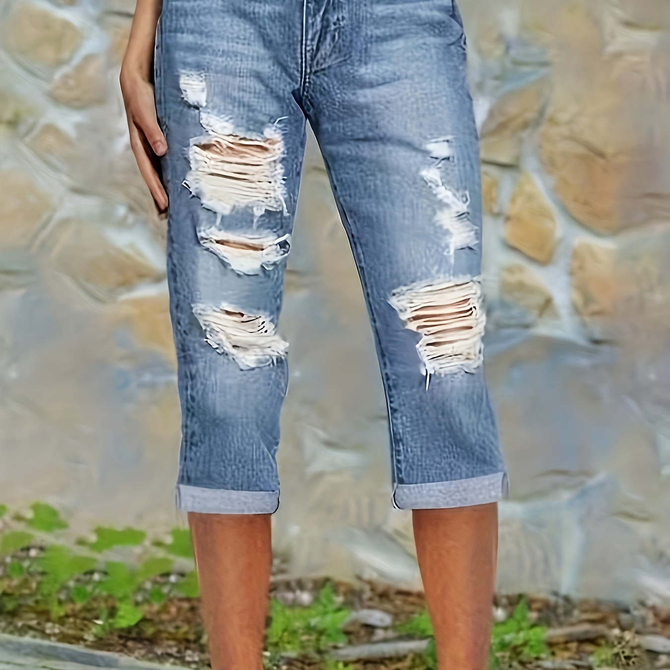 

Ripped Distressed Whiskering Slim Fit Casual Capri Denim Pants, Women's Denim Jeans & Clothing