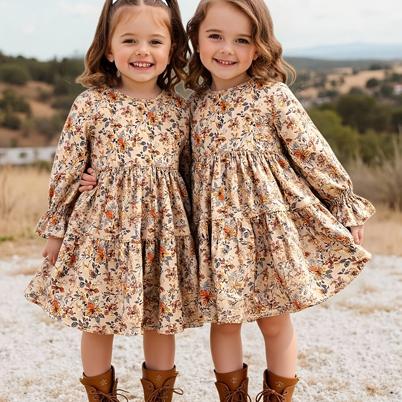 Autumn-Winter Girls' Casual Fashion Long Sleeve Dress with Floral Pattern *  * Puffy Skirt, Fresh and * Suitable for Children'* Wear