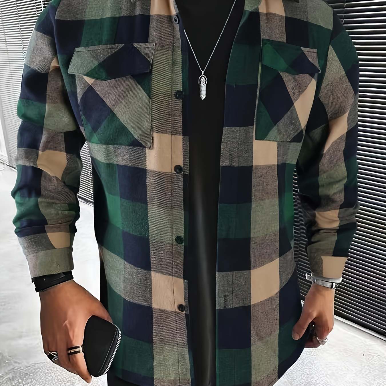 

Men's Plaid Turndown Collar Chest Pocket Long Sleeve Shirt, Trendy Comfy Shirt For Spring Autumn