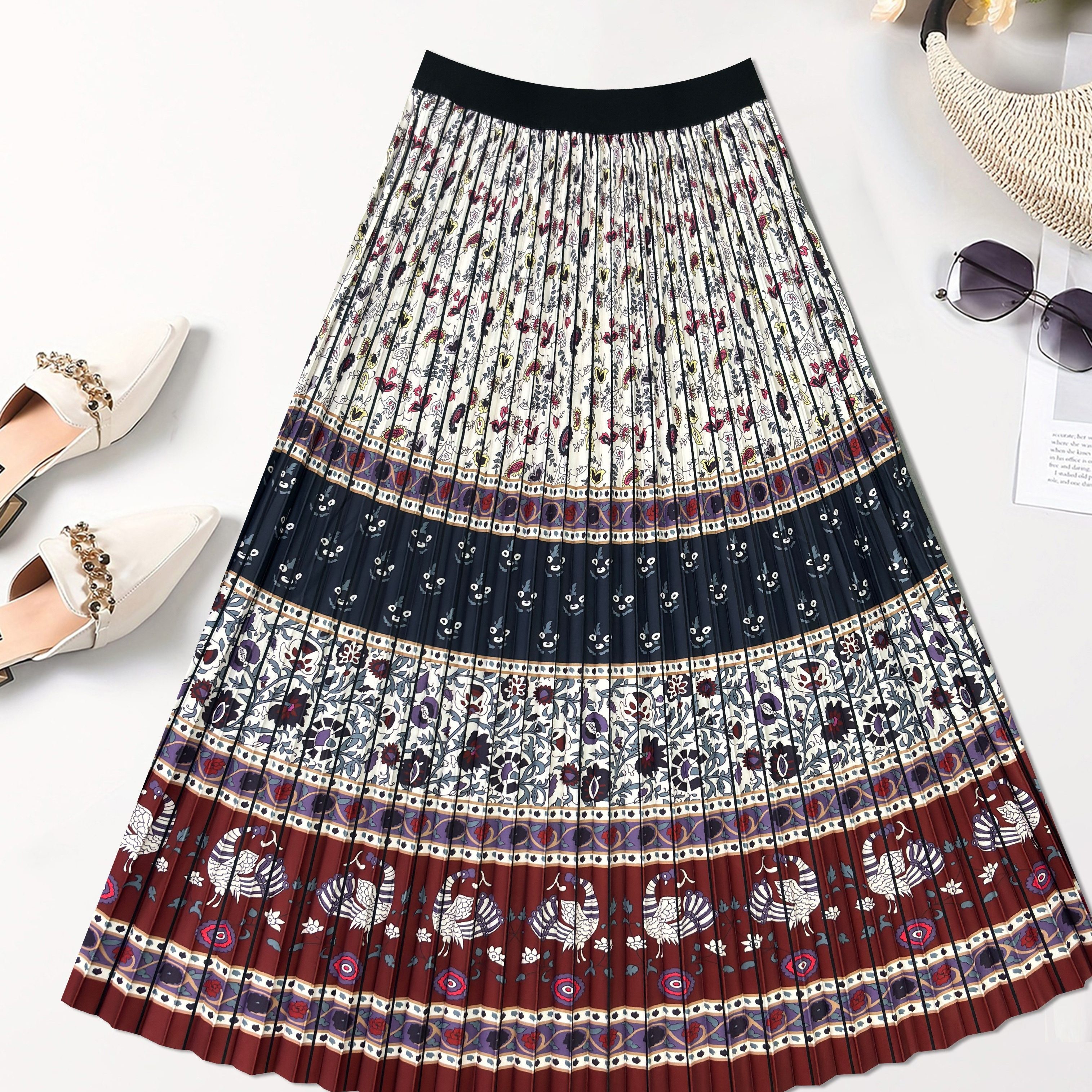 

Women's Pleated Skirt, Elegant Mid-length, Color Block Printed Design, Perfect For Home & Outings, Casual Style