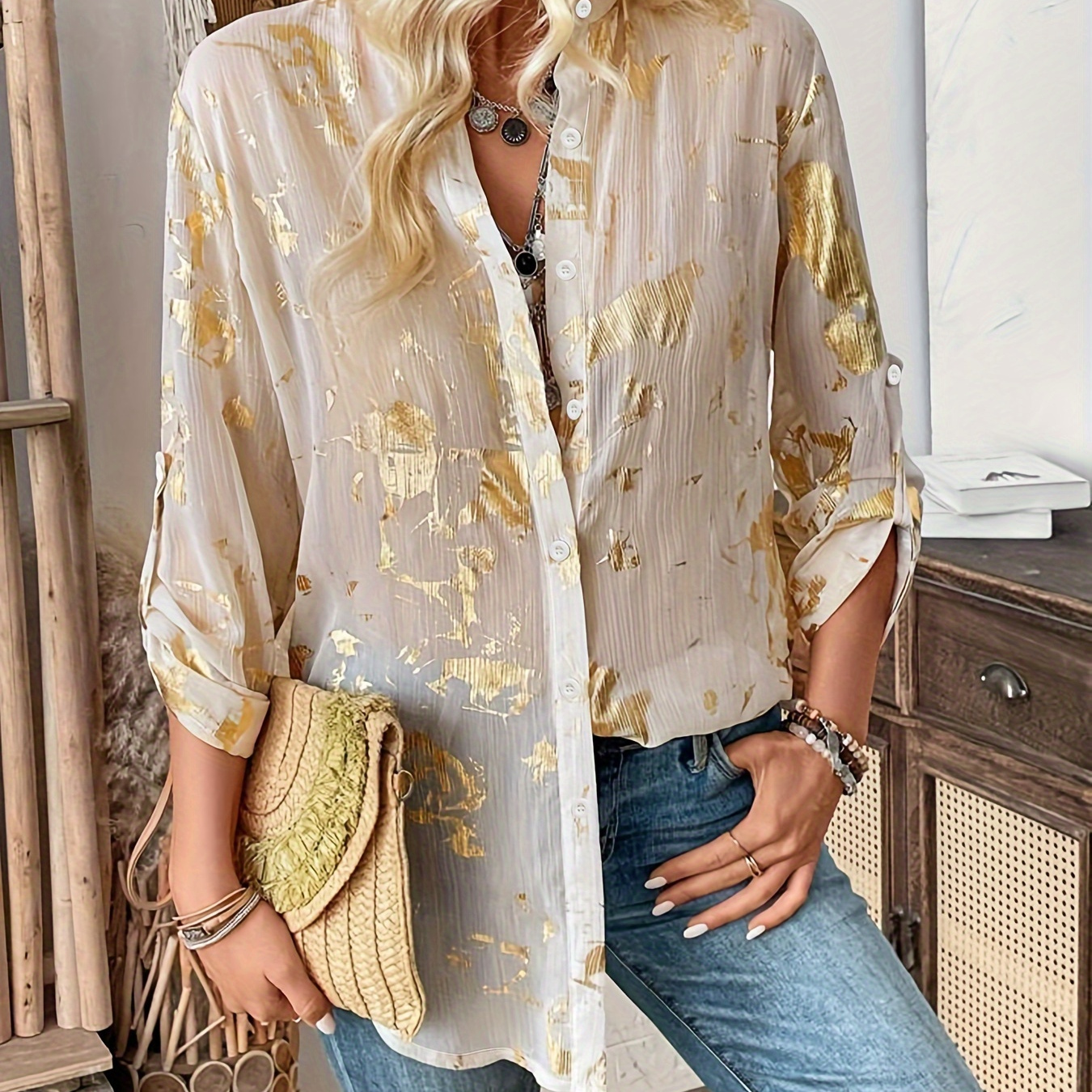 

Allover Print Button Front Blouse, Versatile Long Sleeve Blouse For Spring & Fall, Women's Clothing