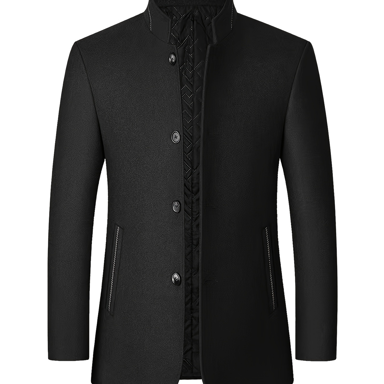 

Men's Casual Stand Collar Jacket - Long Sleeve Solid Color Non-stretch Fabric With Pockets, Single-breasted Regular Fit For Fall/winter, 75% Polyester 25% Wool