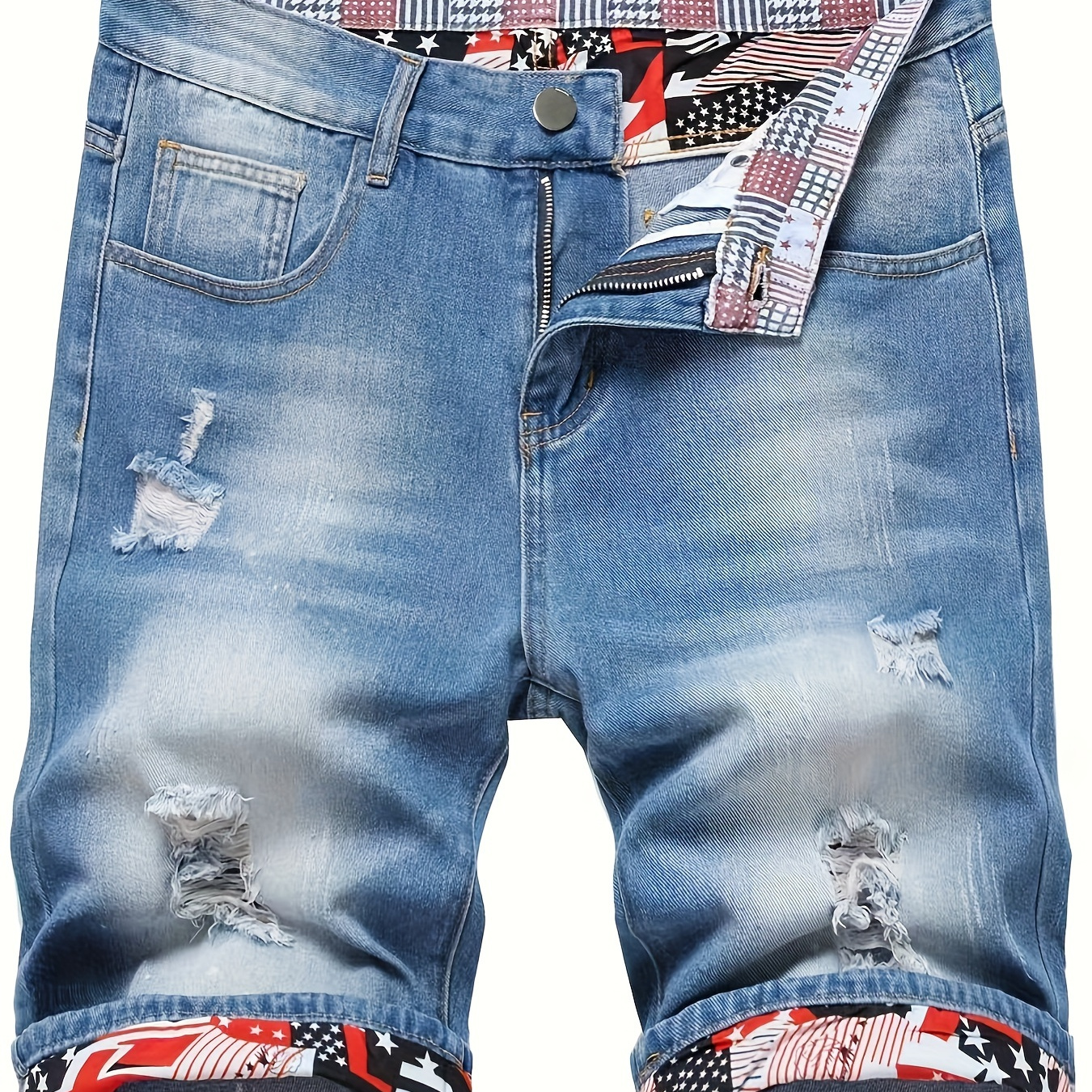 

Men's Geometric Graphic Print Ripped Denim Shorts With Pockets, Casual Cotton Blend Jorts For Summer Outdoor Activities