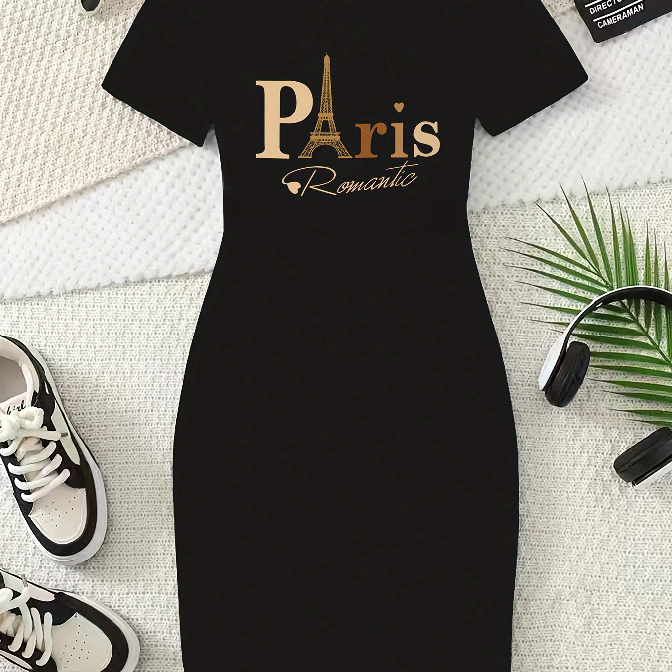 

Paris Print Crew Neck Slim Dress, Casual Short Sleeve Dress For Summer & Spring, Women's Clothing