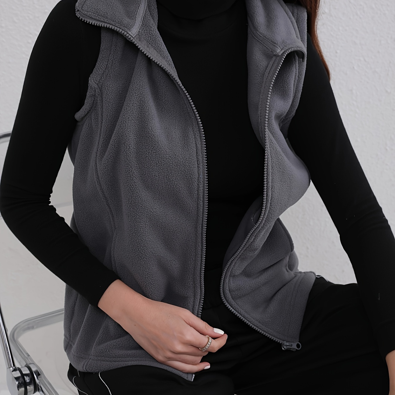 

Women's Elegant Gray Fleece-lined Vest - Sleeveless Zip-up Warm Jacket For Fall/winter, Machine Washable, Polyester, Winter Vest | Jacket | Polyester Vest