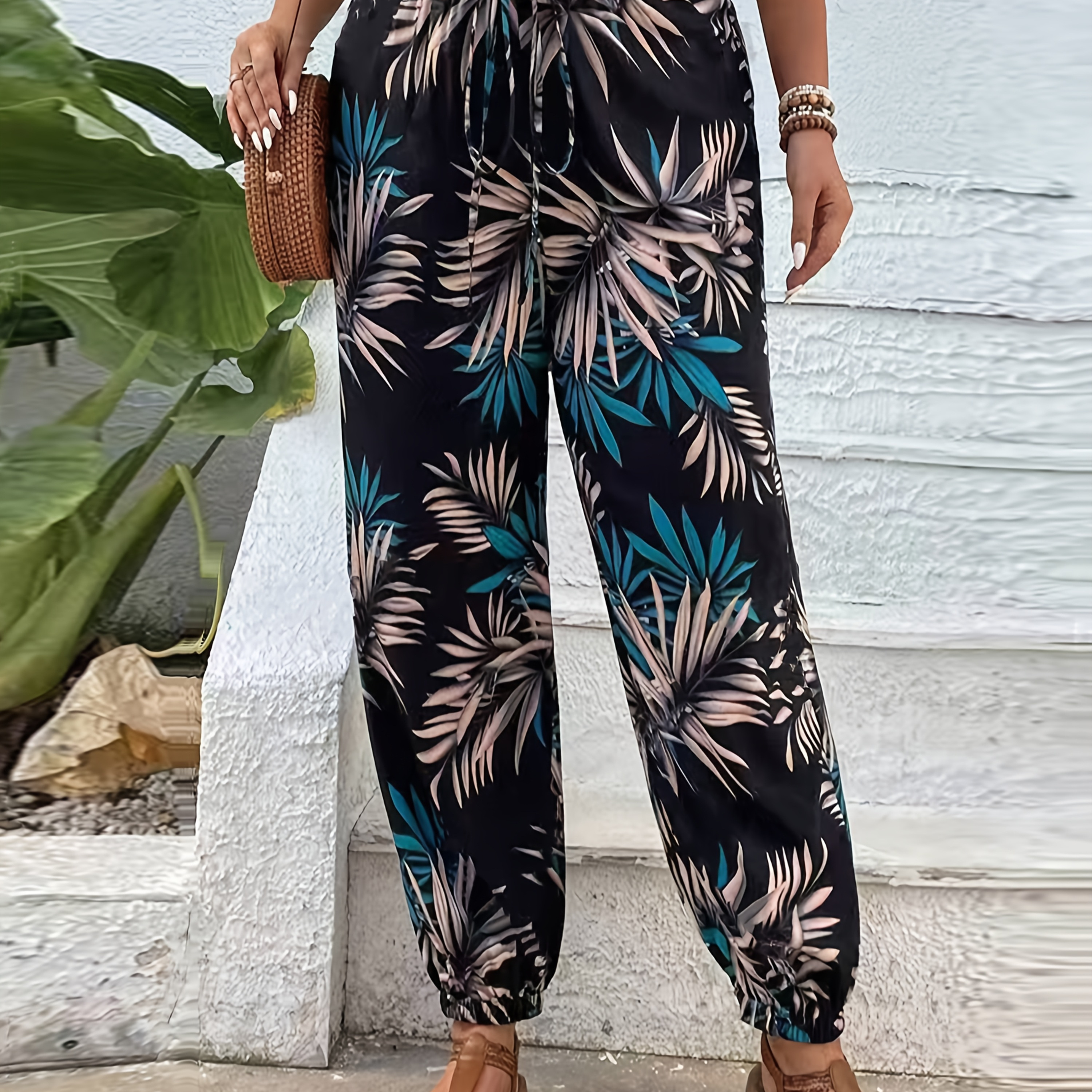 

Women's Tropical Print Joggers - Casual Drawstring Waist, Polyester, Machine Washable - Spring/summer Vacations