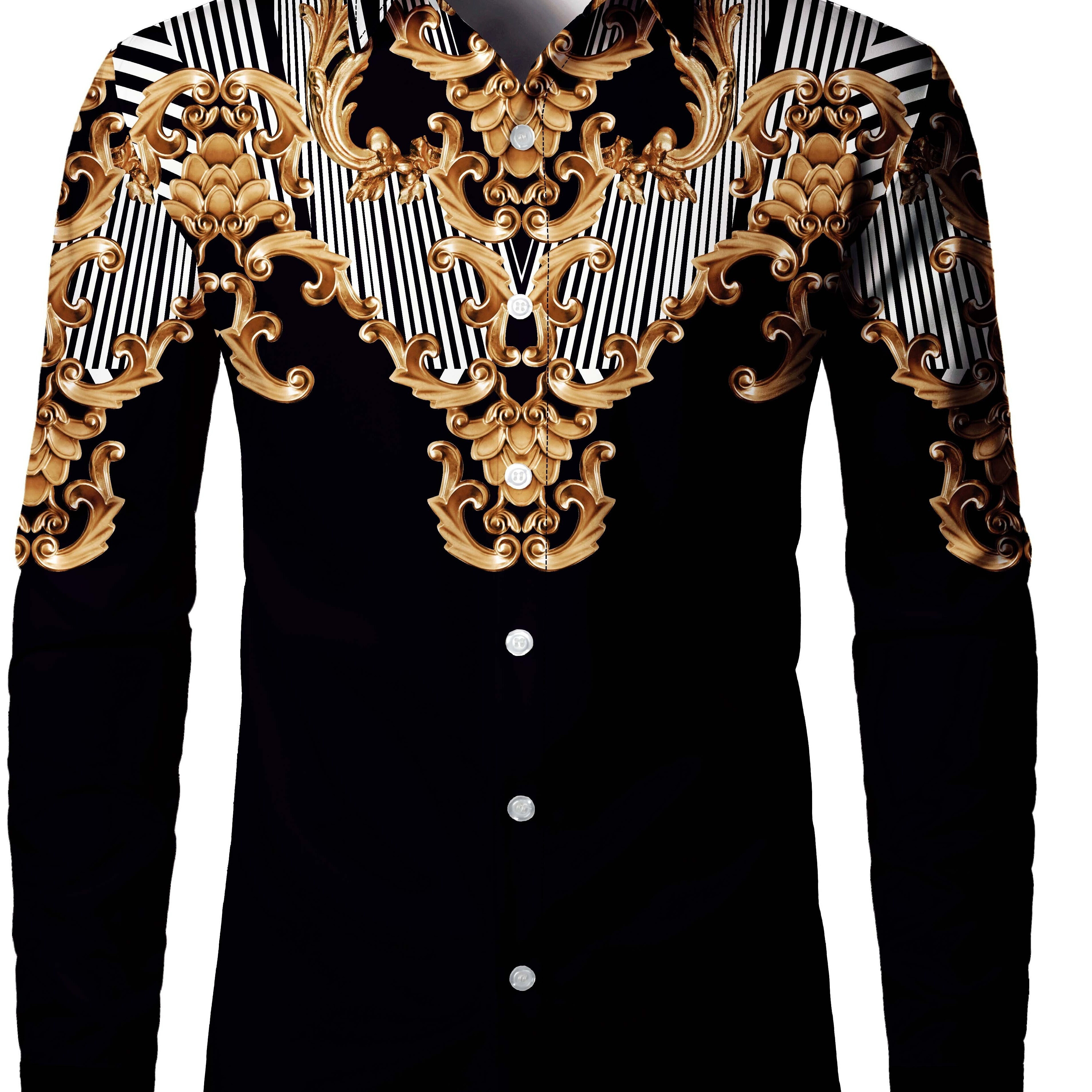 

Baroque Style Vintage Pattern Men's Color Block Long Sleeve Button Up Shirt, Spring Fall Banquet Occasions