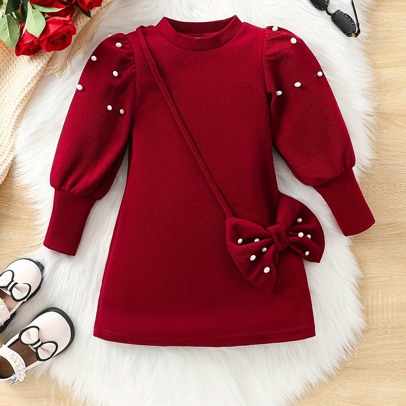 

Adorable 2-piece Beads Decor Long-sleeve Dress + Bow Bag Set For Girls, Winter & Fall Holiday Dresses, Party, As Gift