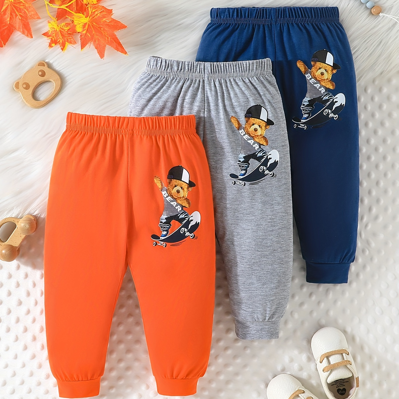 

3pcs Baby's Cartoon Street Style Bear Print Jogger Pants, Casual Elastic Waist Sweatpants, Toddler & Infant Boy's Clothing