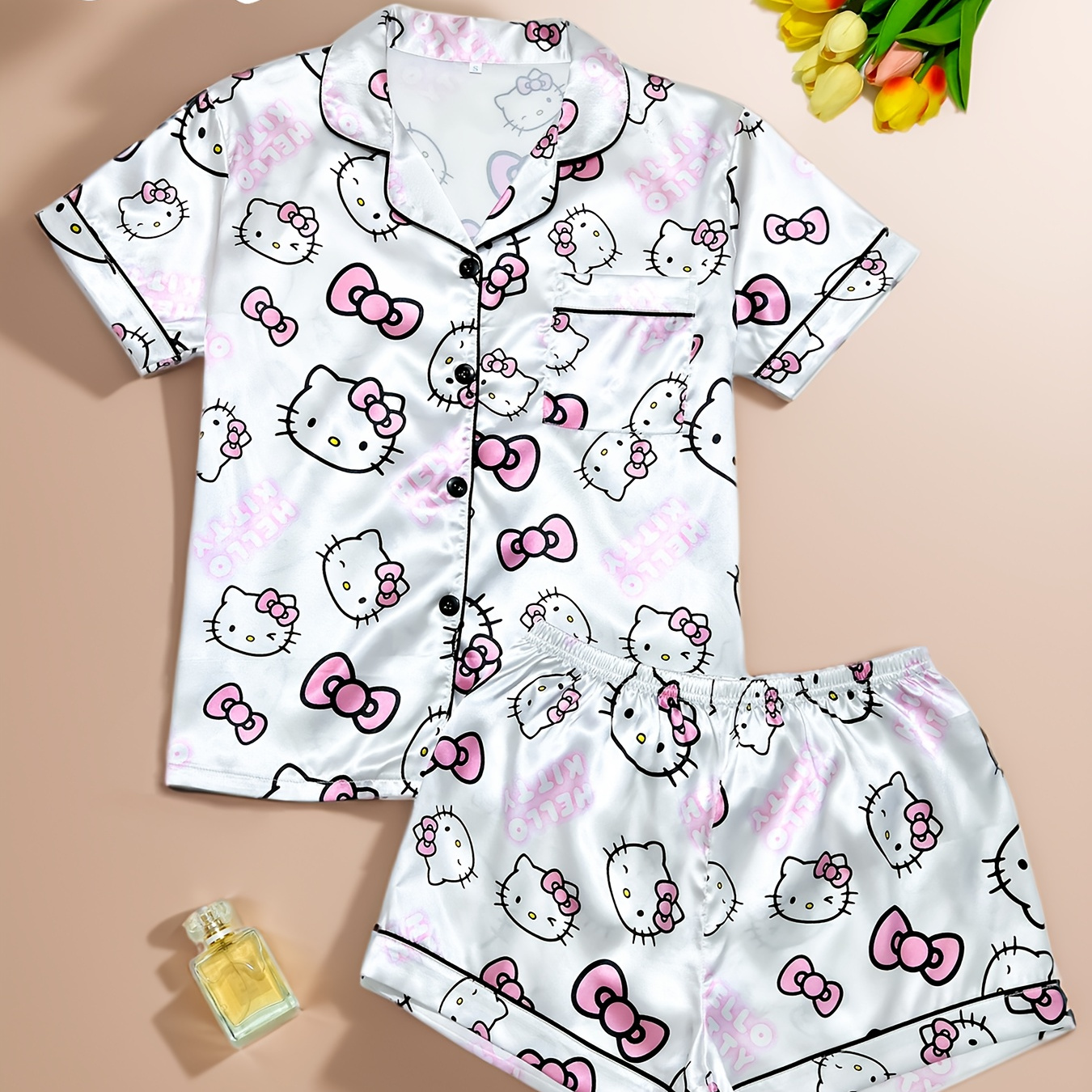 Sanrio HELLO KITTY Printed Youth Pajama Set, Lapel Button- Short Sleeve Top and Shorts Loungewear Outfit