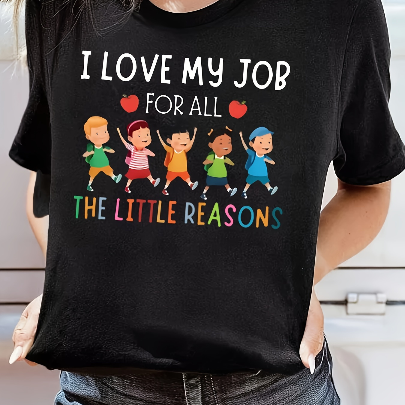 

I Print T-shirt, Casual Crew Neck Short Sleeve Top For Spring & Summer, Women's Clothing