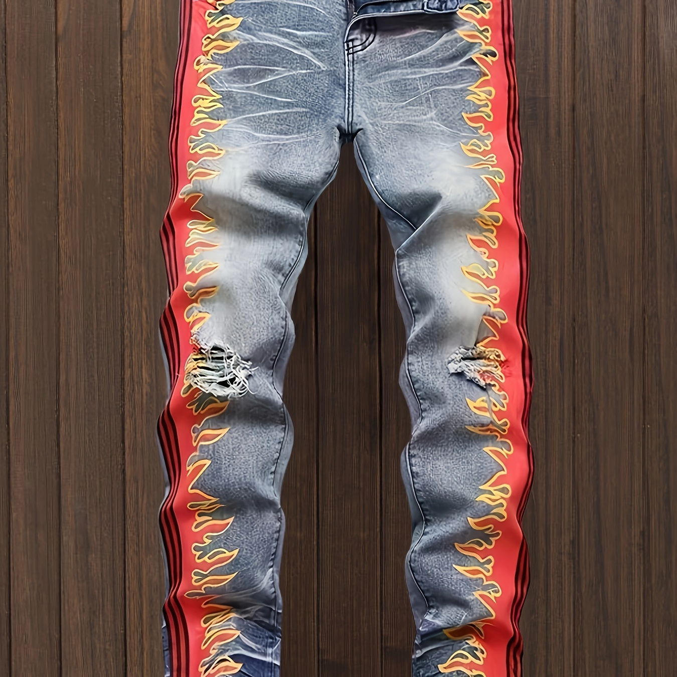 

New Trendy Jeans Men's Slim Fit Ripped Flame Print Straight Jeans