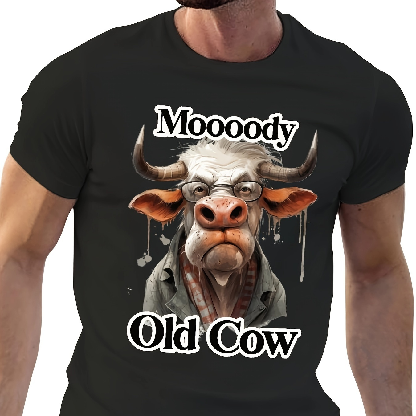 

1pc, Old Cow Print T-shirt, Casual Short Sleeve Top For Spring & Summer, Men's Clothing, Men's Personality