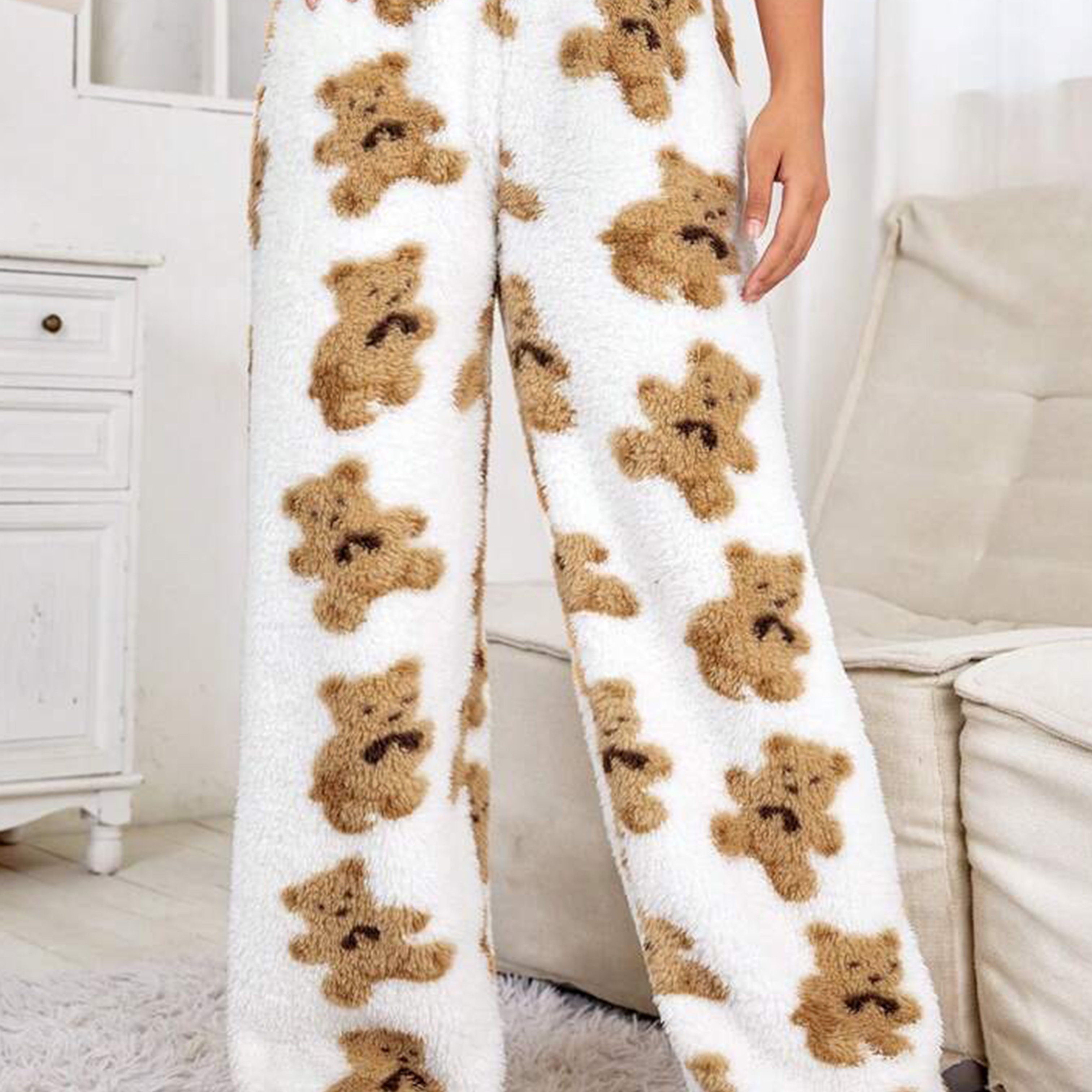 

Pantalon Teddy à jambes droites avec motif d'ours, pantalon décontracté thermique à taille haute élastique pour l'hiver et l'automne, vêtements pour femmes