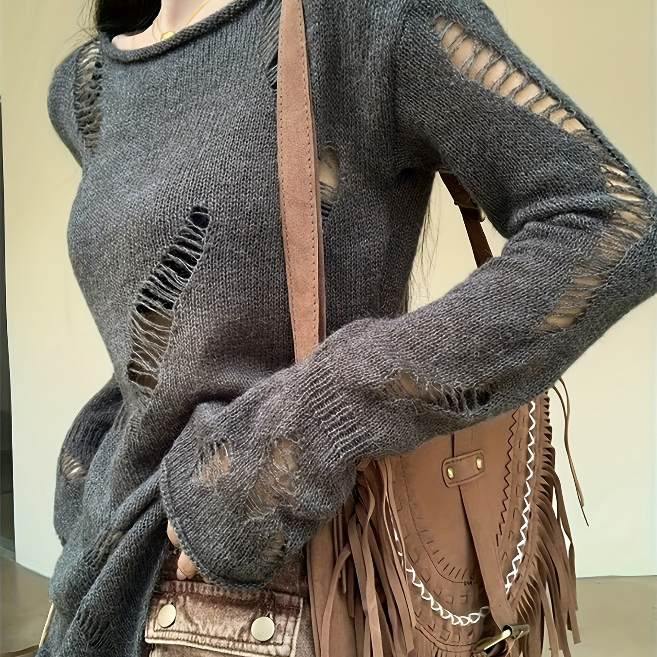 

Ripped Boat Neck Oversized Sweater, Casual Long Sleeve Sweater For Fall & Winter, Women's Clothing