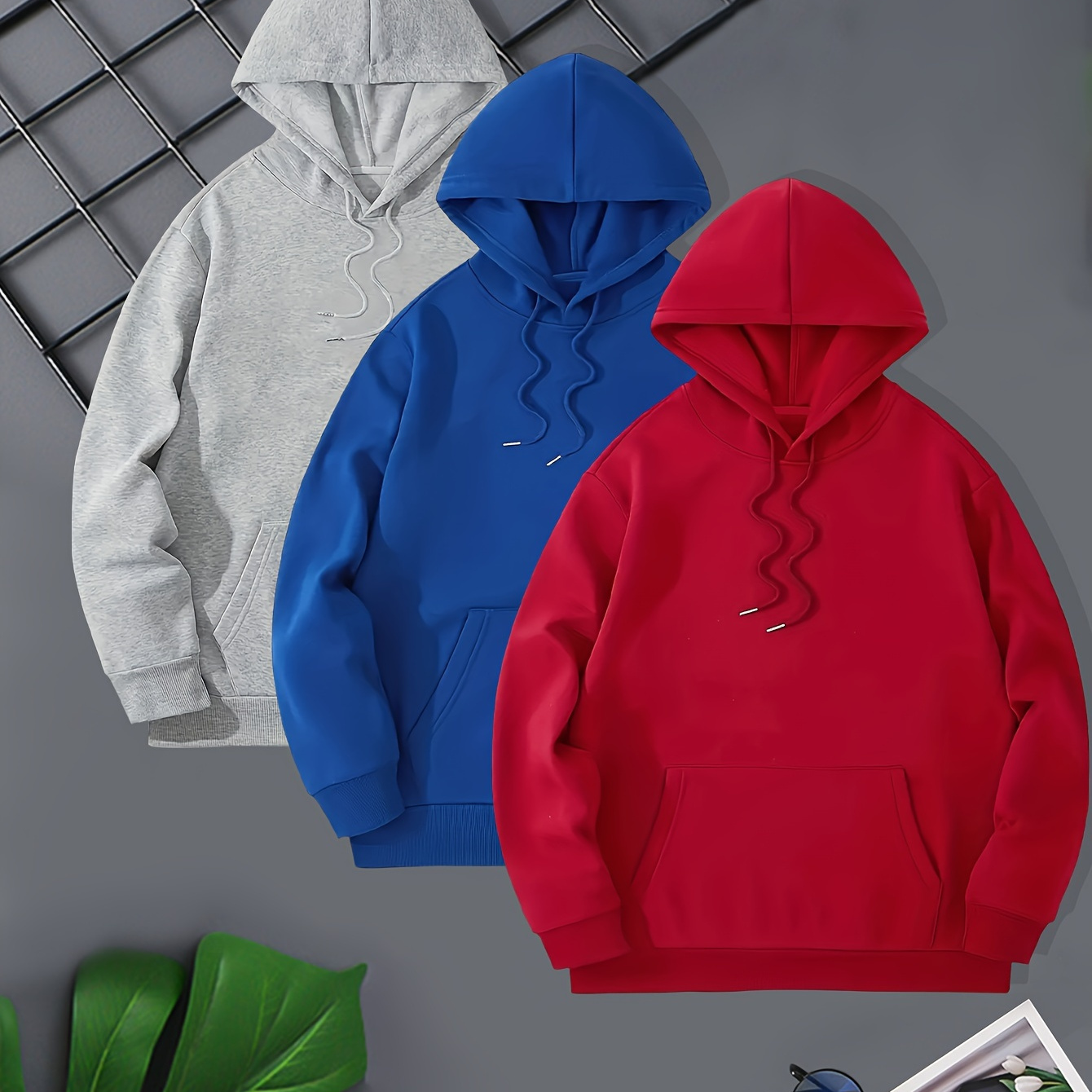 

3pcs Hoodies Set For Men, Men's Casual Solid Basic Hooded Sweatshirt Streetwear For Winter Fall, As Gifts
