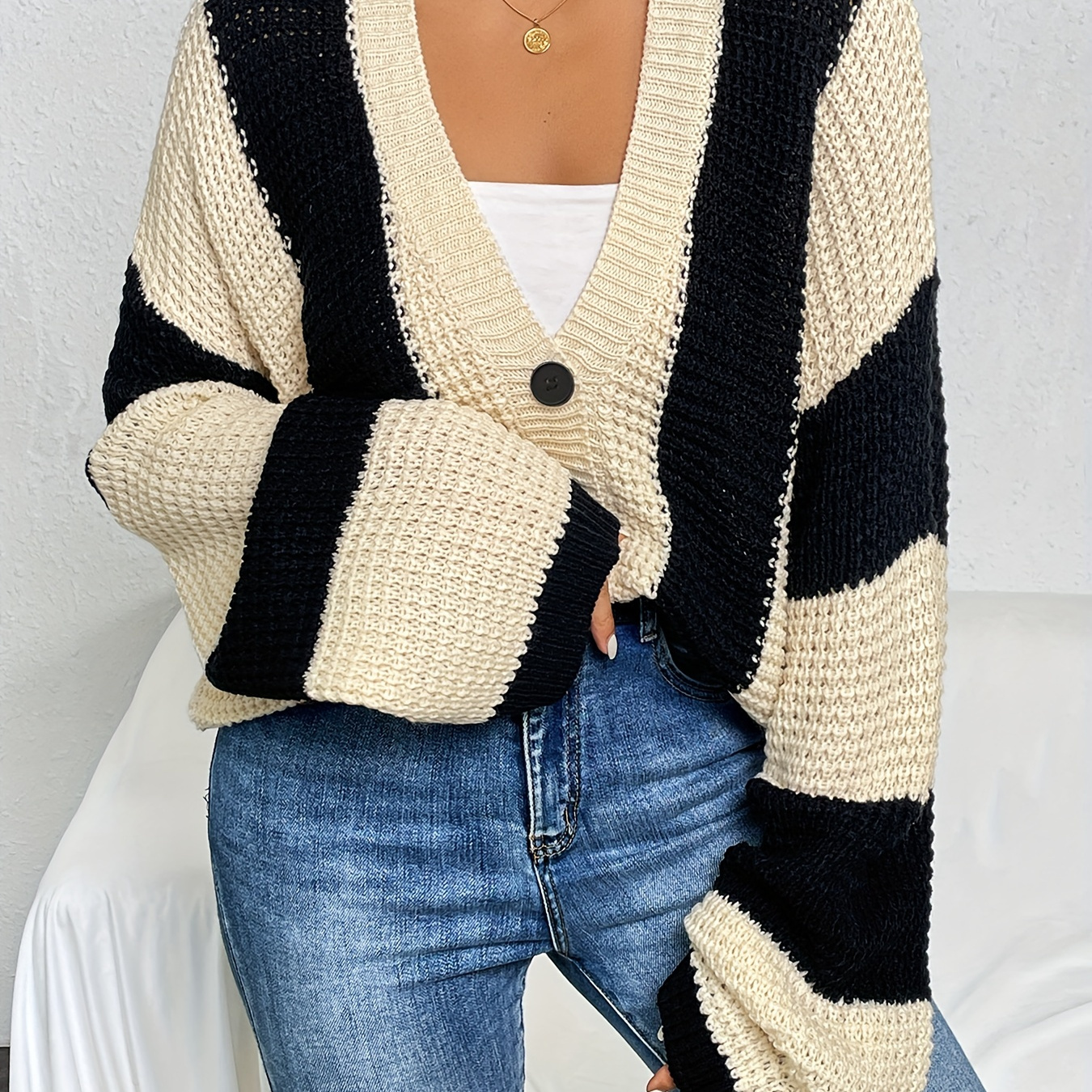 

Striped Pattern Button Front Pullover Sweater, Casual Bell Sleeve Sweater For Spring & Fall, Women's Clothing