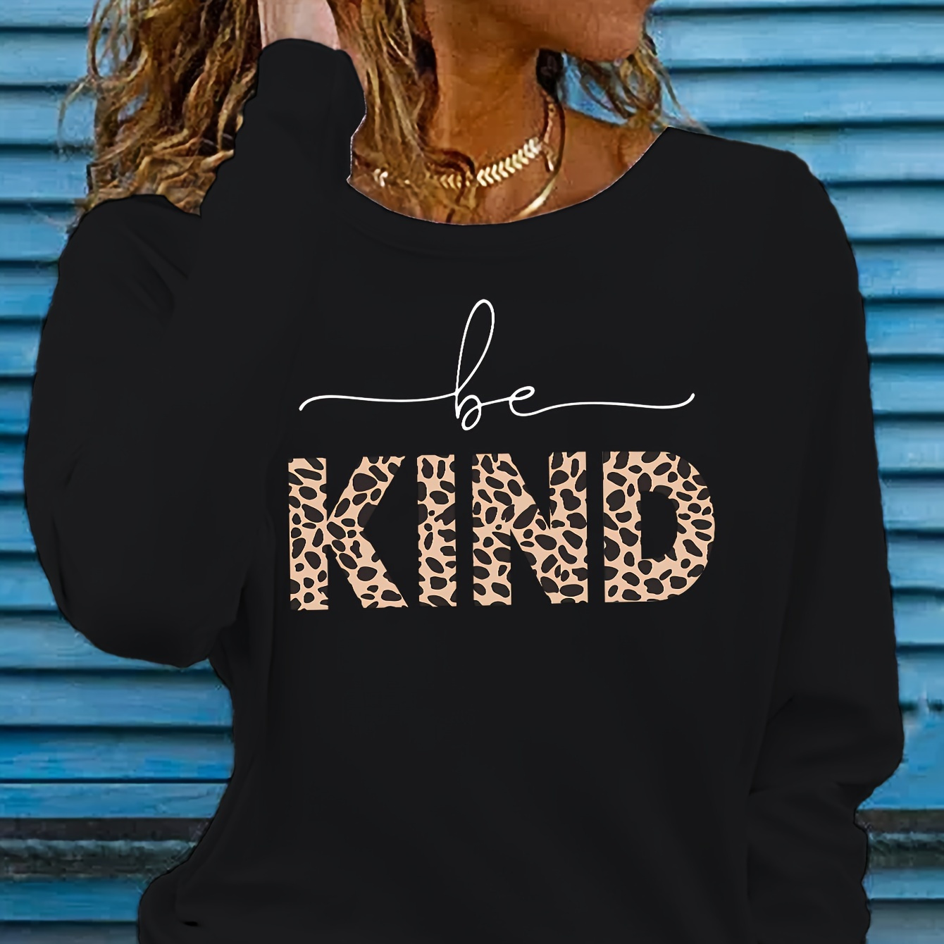 

Chic Leopard Print 'kind' Letter Long Sleeve T-shirt - Casual Polyester Crew Neck Top For Women, Machine Washable