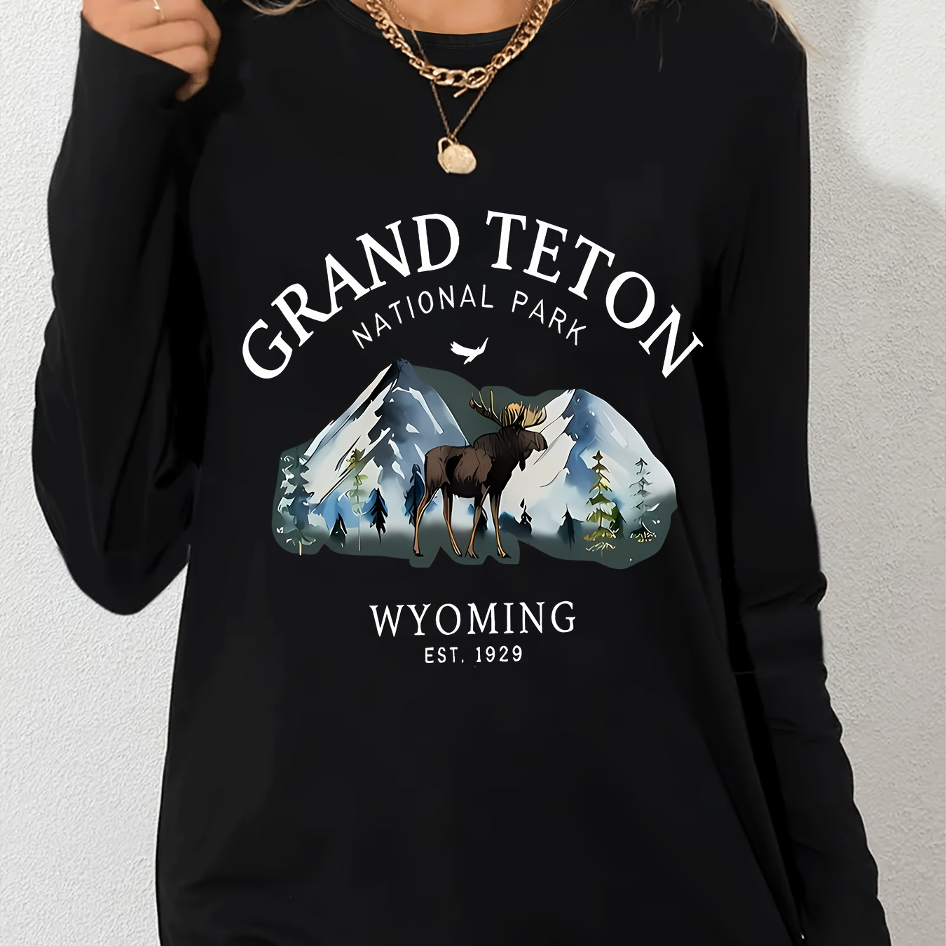 

Women's Casual Long Sleeve T-shirt With National Park Print, Polyester Knit Fabric, Comfortable Breathable, Wear