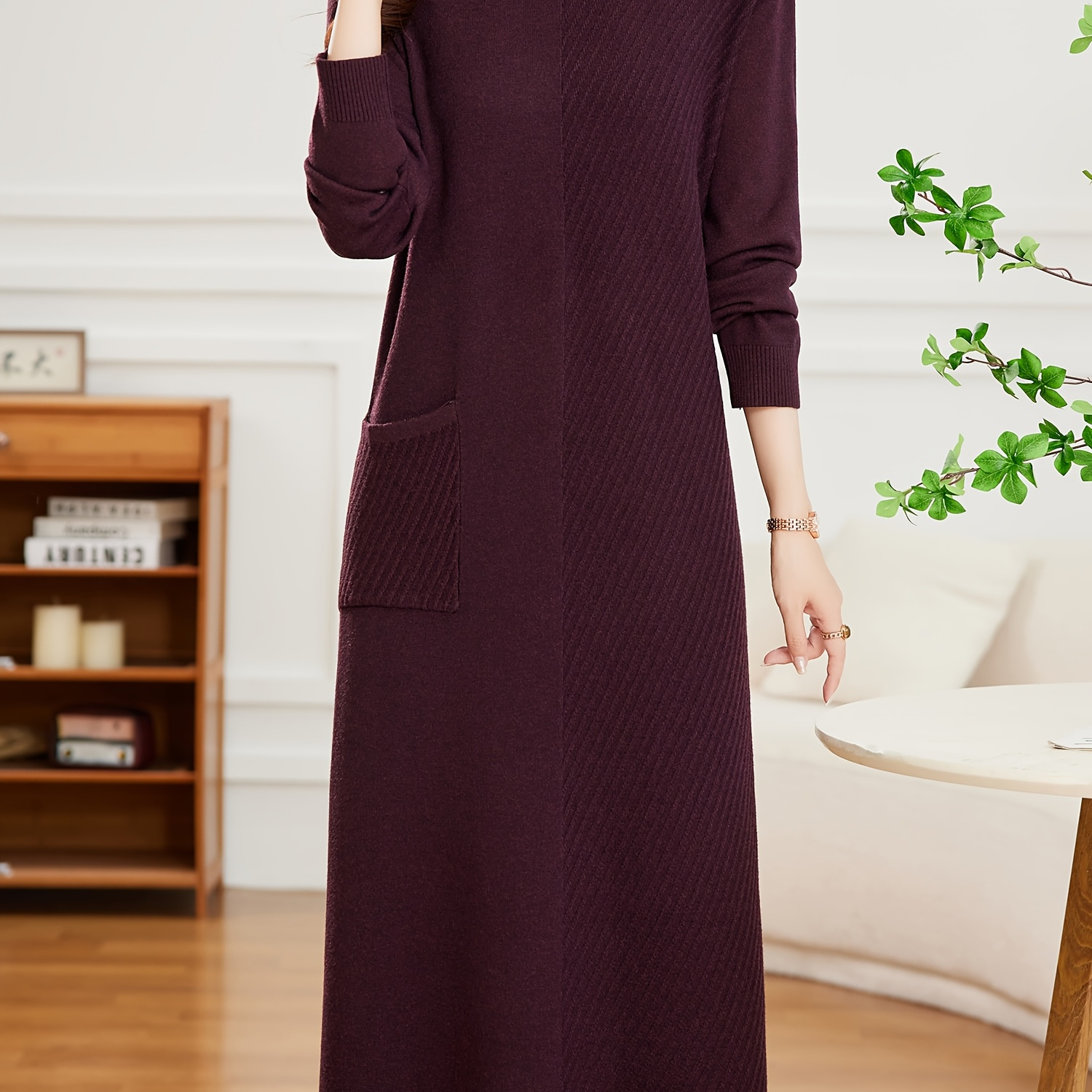 

1pc Elegant Women's Midi Knit Dress - Fall/winter Acrylic Crew Neck Long Sleeve Solid Color Dress, Fashionable Loose Fit Sweater Dress For Indoor/outdoor, Ideal Birthday Gift