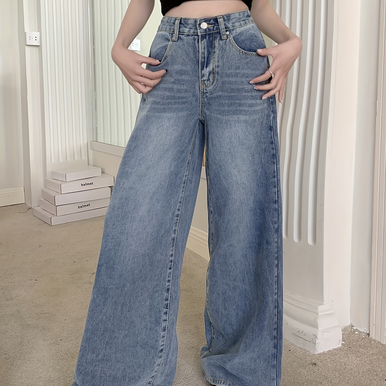 

Women's Fashion Wide Leg Denim Jeans, Casual Loose Fit, High Waist Whiskering Straight Long Pants, Street Style Trendy Trousers For Fall