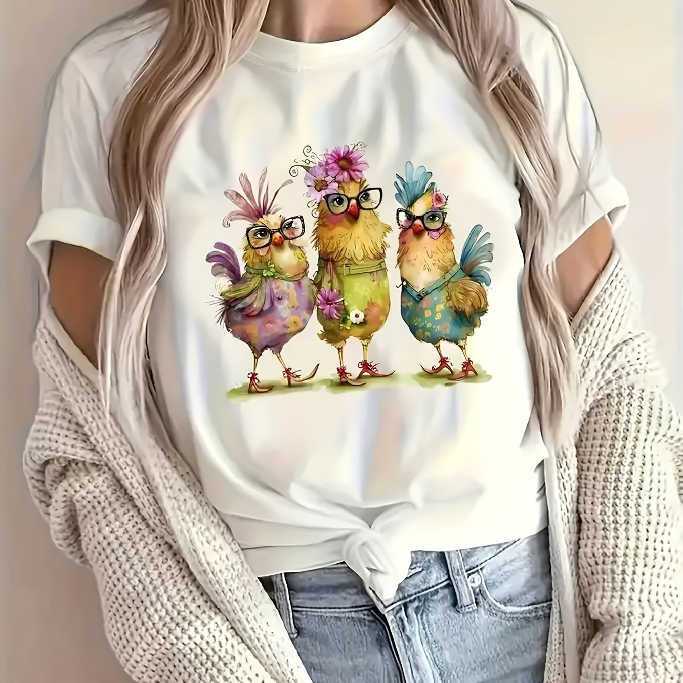 

Chicken & Floral Print T-shirt, Short Sleeve Crew Neck Casual Top For Summer & Spring, Women's Clothing