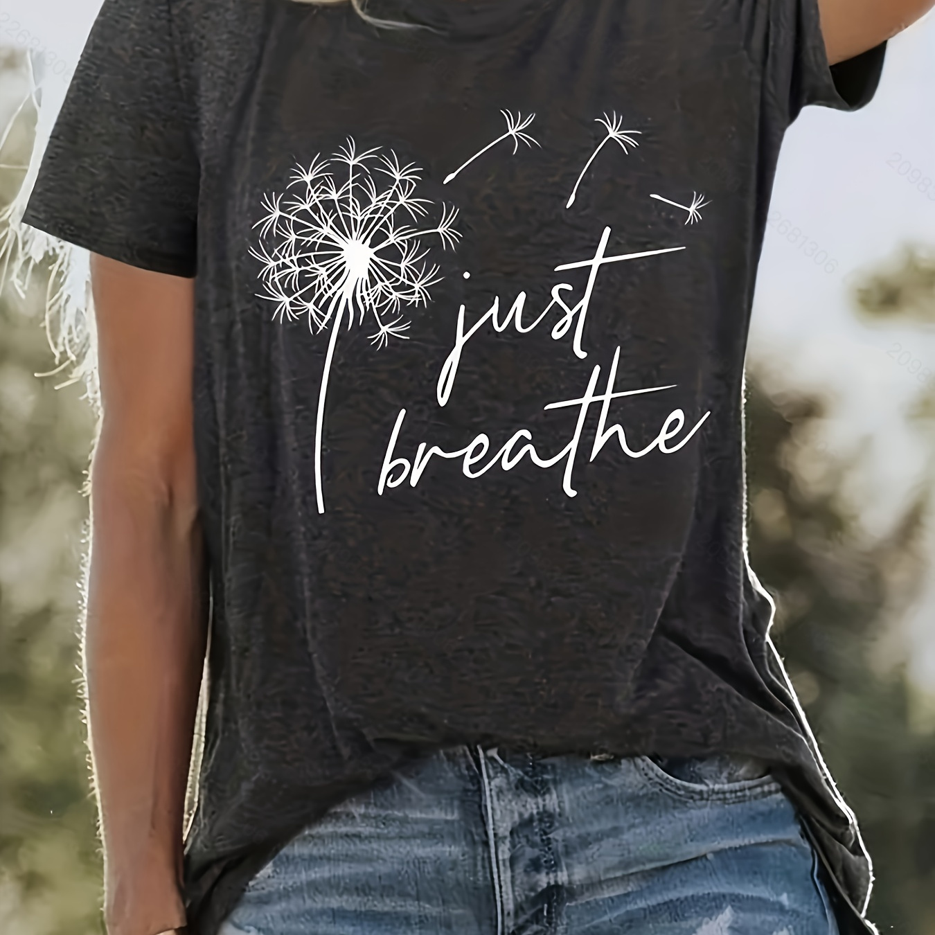 

Just Breathe Print Crew Neck T-shirt, Casual Short Sleeve Top For Spring & Summer, Women's Clothing