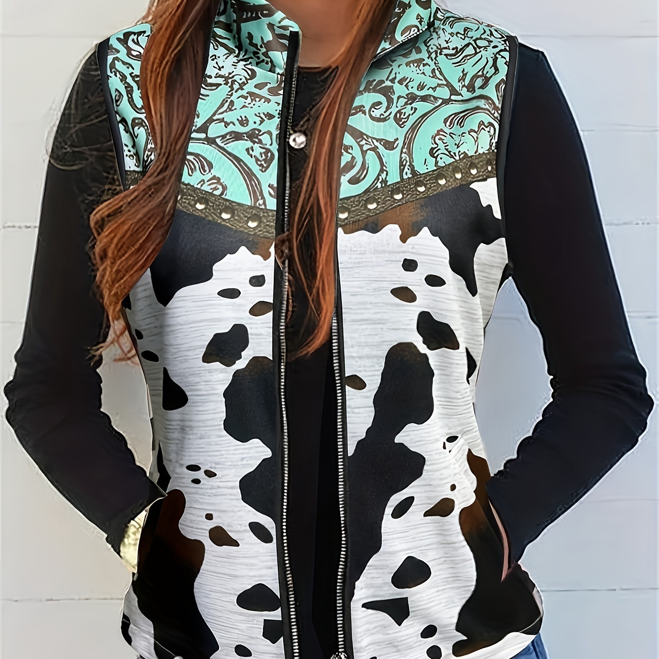 

Cow Print Zip Up Vest, Casual Stand Collar Sleeveless Outerwear With Pockets, Women's Clothing