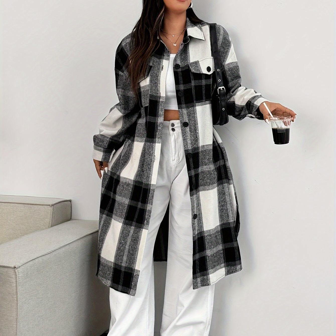 

Plus Size Pattern Button Front Trench Coat, Casual Long Sleeve Mid-length Outerwear For Spring & Fall, Women's Plus Size Clothing