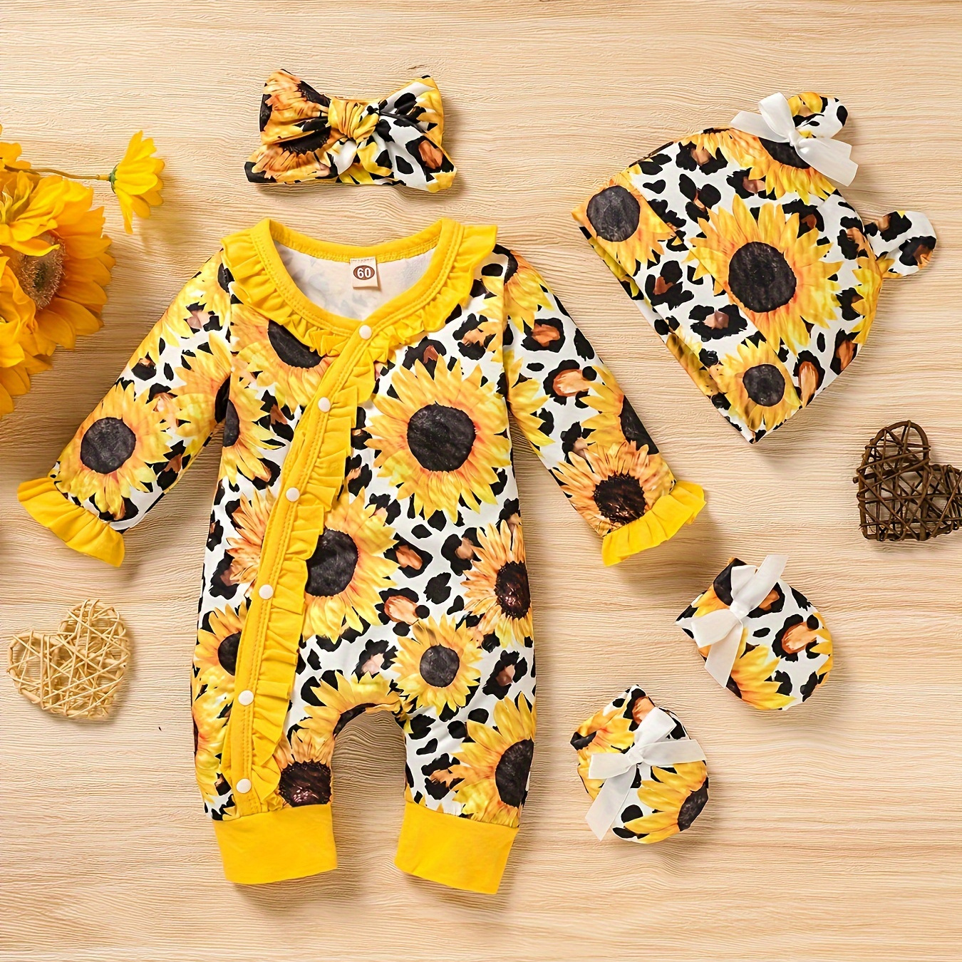 

Newborn Girl Sunflower Jumpsuit Baby Girl Long Sleeve Ruffle Floral Romper Overall+headband+hat+gloves 4pcs Coming Home Outfits