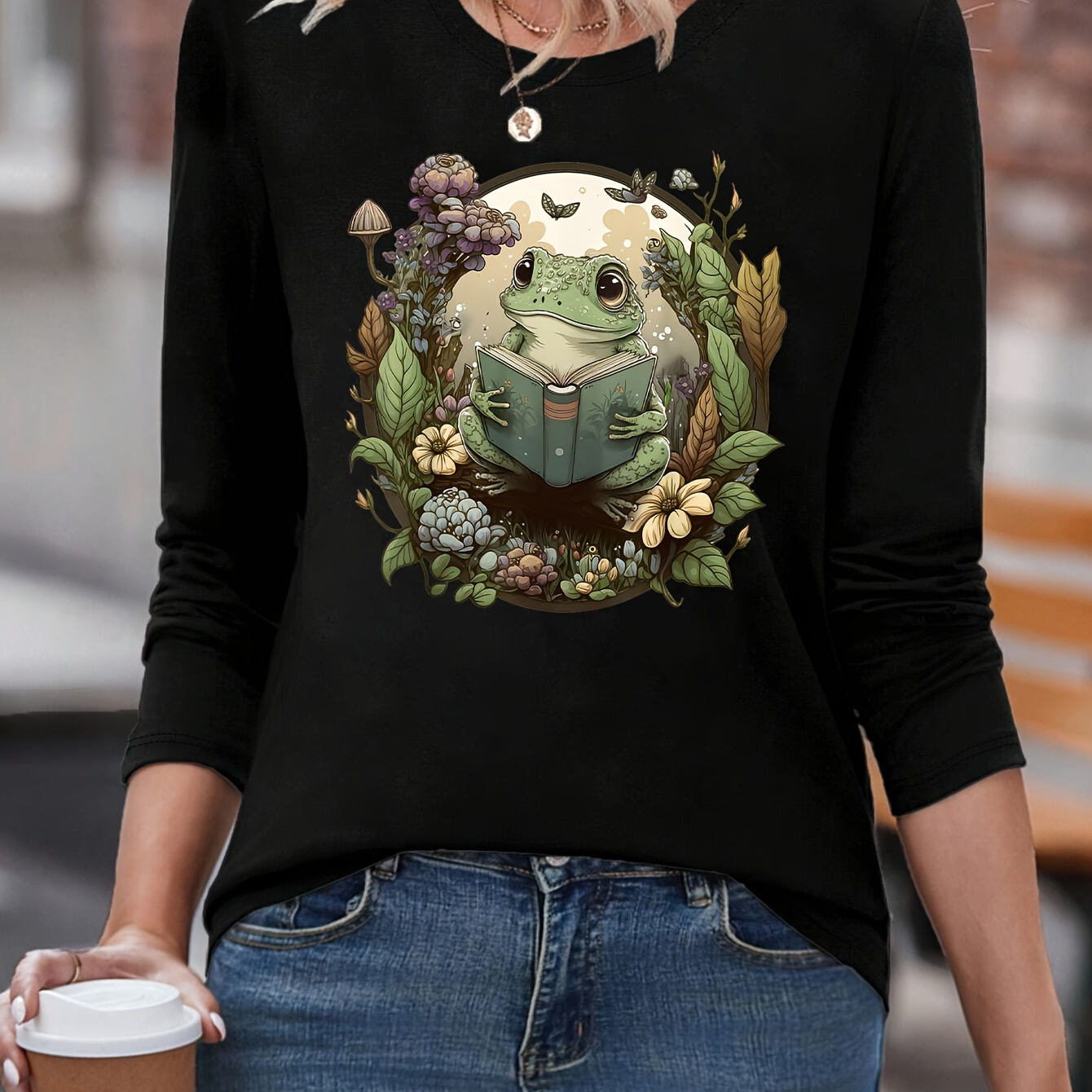 

Frolic Frog: Adorable T-shirt With Of Flowers And A Reading Frog, Spring And Fall, 100% Cotton, Casual, Crew Neck, And Long Sleeve