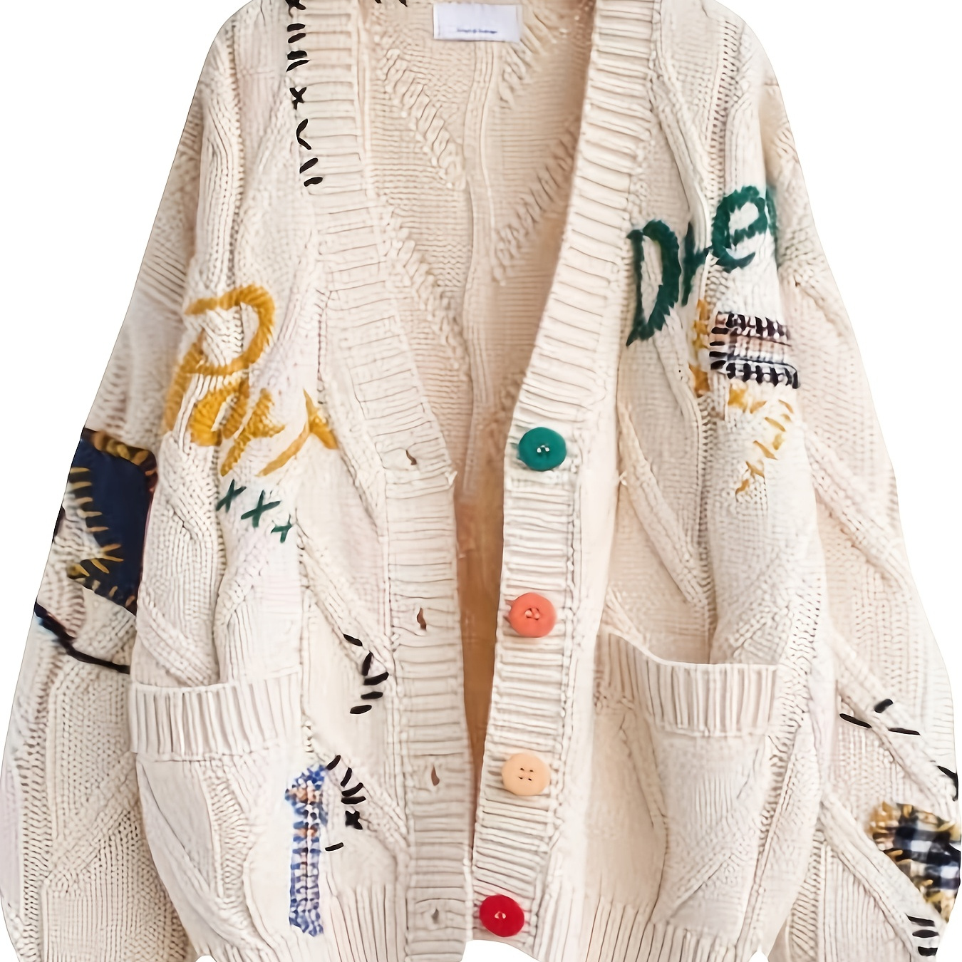 

Women's Autumn And Winter Knitted Loose Heavy Color Embroidery V-neck Mid-length Sweater Coat For Women